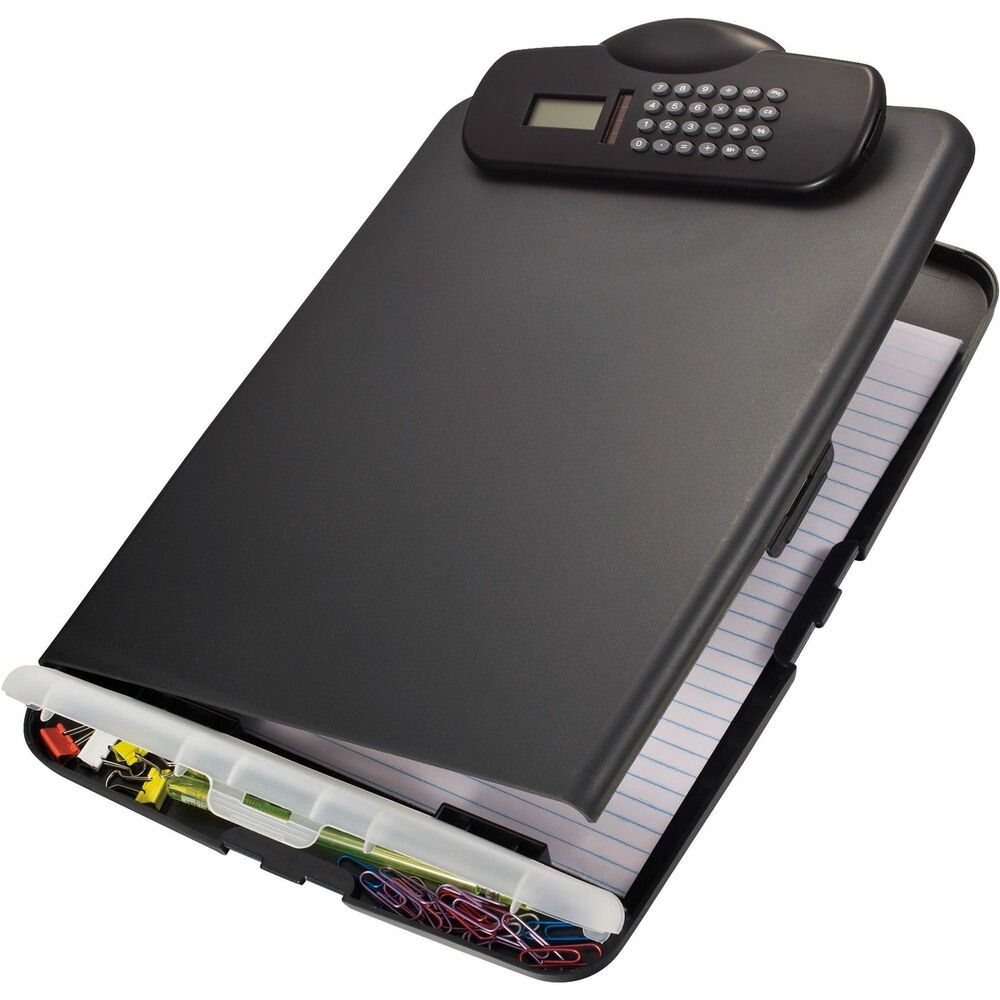 OIC83306 - Slim clipboard storage box includes a calculator and a design that allows it to fit into most briefcases. Design also offers ample storage space for paper, forms and notepads. A separate storage compartment is ideal for pens and pencils. Clipboard includes a calculator that is powered by solar and battery (included). More from the Manufacturer
