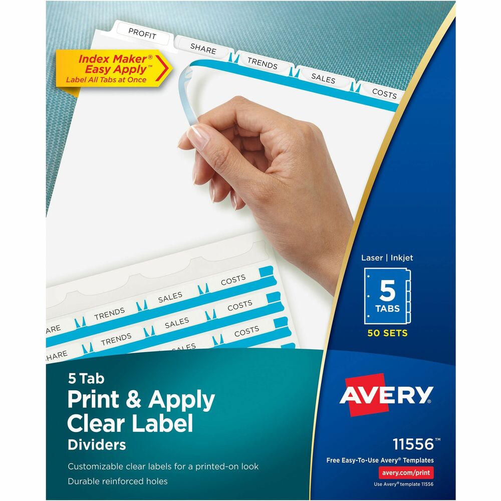 AVE11556 - Personalize your tab titles and create dividers that look professionally printed. The clear tab labels virtually disappear when applied to premium white dividers. Label all tabs at once with Easy Apply clear labels. Perfectly align tab labels and label multiple sets quickly with Easy Apply label strips. Label sheet for labeling tabs is included. Avery offers many easy-to-use templates in Microsoft Word and other popular software programs. Labels are compatible with laser and inkjet printers. Three-hole punched dividers have a reinforced binding edge and are designed for use with three-ring binders. More from the Manufacturer