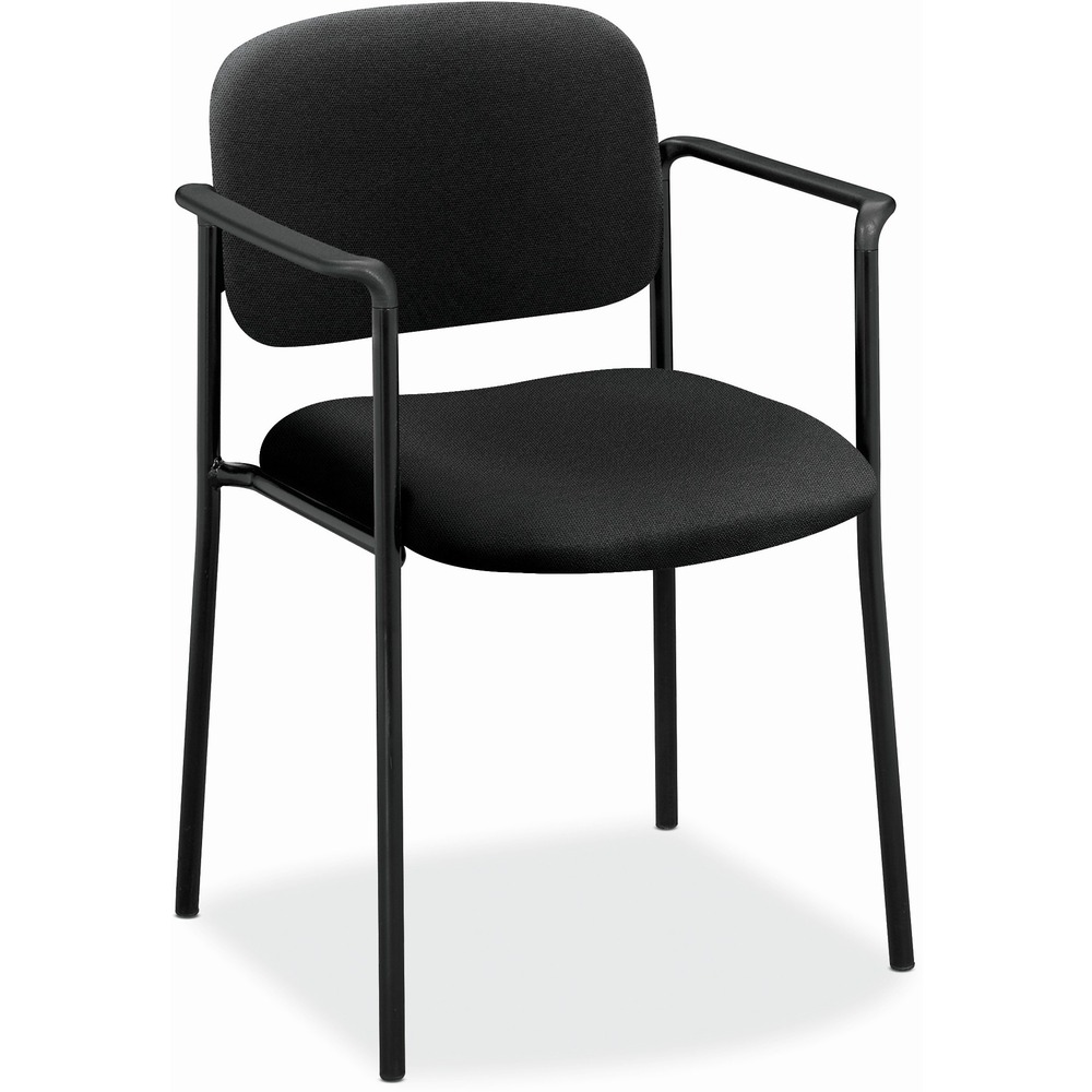 BSXVL616VA10 - Guest chair with arms is a perfect addition to your conference room, lobby or anywhere extra seating is needed. Design offers a contemporary look with plastic arms, a black round tube frame and padded seat and back. Seat measures 19" wide x 17-1/2" deep x 19" high. Back size is 18-1/2" wide and 14-3/4" high from seat. Distance between the arms is 20-1/8". Guest chair stacks four high. Chair weighs 14.3 lb.