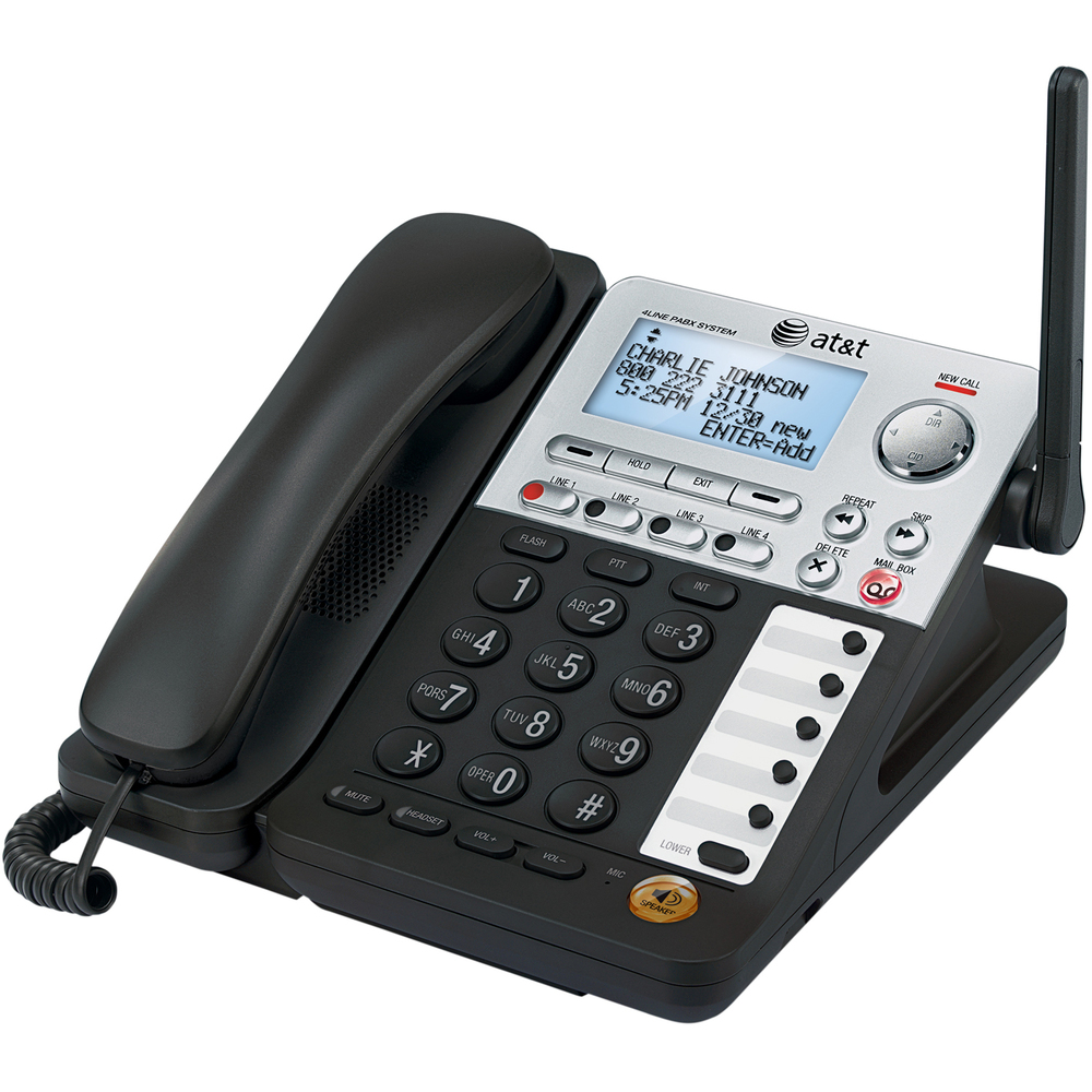 ATTSB67148 - Component of SynJ cordless business phone system, cordless extension deskset supports 4 lines and up to 11 users and is compatible with AT&T SB67118 and SB67138. Built-in DECT 6.0 technology is a frequency band that transmits your voice across multiple channels. This technology provides superior voice and sound quality, high protection against wiretapping and better range than 2.4GHz and 5.8GHz phone systems, while not interfering with wireless routers. Improve customer service with voice mail on every extension. Use the intercom feature for conversations between handsets or between the handset and the telephone base. The Push-to-Talk intercom feature connects you with the other handsets or the base instantly. Cordless phone also features 10 intercom number locations, 10 speed dial numbers, 100-name/number private phonebook directory, digital answering system, hands-free speakerphone, three-party call conferencing, 50-name/number Caller ID/Call Waiting, blue backlit keypad and display.