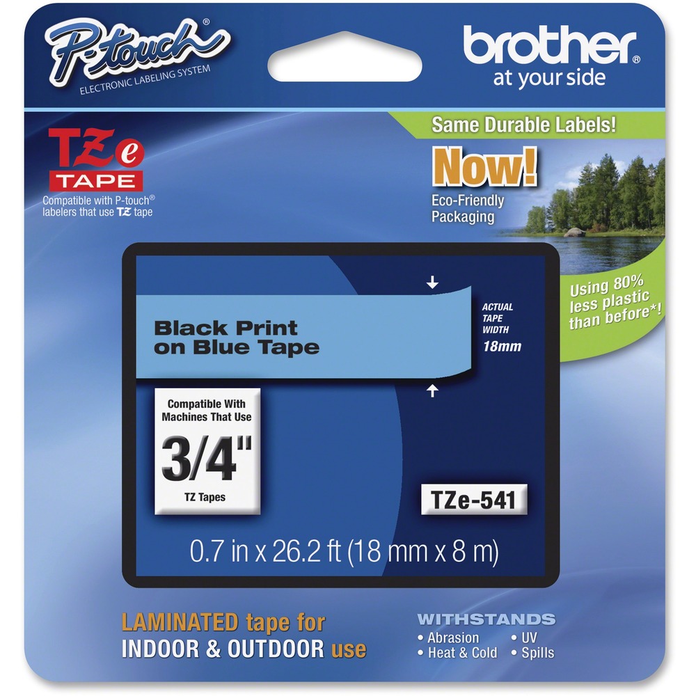 BRTTZE541 - Laminated tape features standard adhesive designed for smooth, flat surfaces like office paper, file folders and binders. These labels stay on under normal indoor and outdoor use, including hot and cold environments. Tape is designed for use with P-touch Labelers using TZ or TZe tapes, including PT-1300, PT-1400, PT-1500, PT-1500PC, PT-1600, PT-1700, PT-1750, PT-1800, PT-1810, PT-1830, PT-1830SC, PT-1830VP, PT-1880, PT-1880C, PT-1880CT, PT-1880SC, PT-1880W, PT-1890C, PT-1890SC, PT-1890W, PT-18R, PT-18RKT, PT-1900, PT-1900C, PT-1910, PT-1950, PT-1960, PT-2030, PT-2030AD, PT-2030VP, PT-2100, PT-2110, PT-2200, PT-2210, PT-2300, PT-2310, PT-2400, PT-2410, PT-2430PC, PT-2470, PT-2500PC, PT-2600, PT-2610, PT-2700, PT-2710, PT-2730, PT-2730VP, PT-300, PT-300B, PT-310, PT-310B, PT-320, PT-330, PT-340, PT-350, PT-3600, PT-4000, PT-520, PT-530, PT-540, PT-550, PT-580C, PT-7500, PT-7600, PT-9200DX, PT-9400, PT-9500PC, PT-9600, PT-9700PC and more. Print color is black. Background is blue.