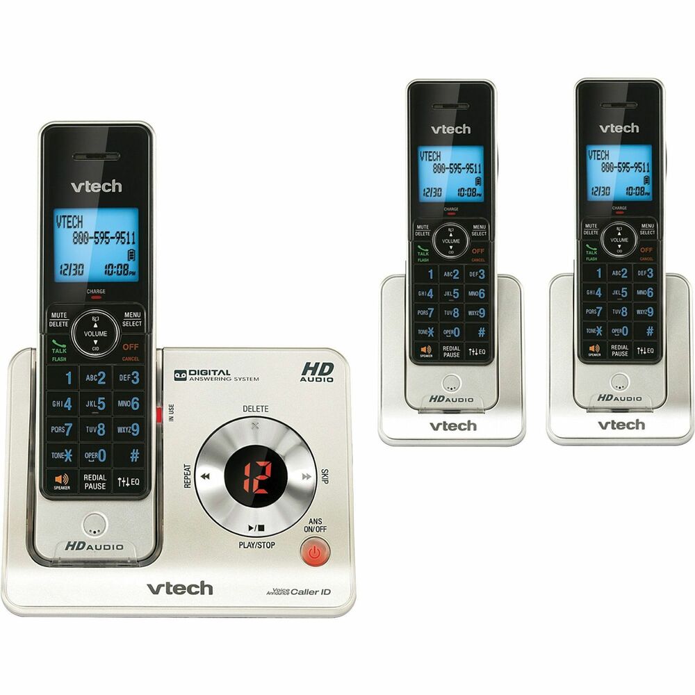 VTELS64253 - Expandable cordless telephone features three cordless handsets with speakerphones, digital answering system, Voice Announce Caller ID, and HD Audio for a fuller and clearer sound. DECT 6.0 digital technology offers dependable security and range in cordless phones. Interference-free phone system delivers crystal-clear conversations and won't interfere with wireless networks and other electronic devices. Digital security protects you from identity theft by digitizing and encrypting your calls to prevent eavesdropping. Answering system offers 14 minutes of recording time. Phone system is expandable up to 12 handsets using only one phone jack. Conference an outside call between handsets. Each handset features a Push-to-Talk intercom and backlit keypad and display. Phone system includes a 50 name/number Caller ID memory and 50 name/number phonebook directory for frequently called numbers. Language prompts include English, Spanish and French. Phone system includes a wall-mount bracket.