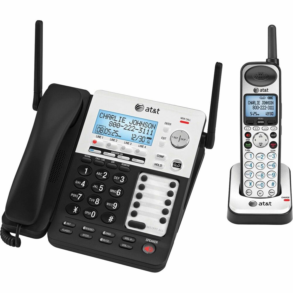 ATTSB67138 - Part of the SynJ cordless business phone system, this corded/cordless, four-line phone system offers unsurpassed range that redefines long-range coverage and clarity. Extendable range allows up to 980' per repeater and up to two repeaters linked for 2940' of range. Expand the phone system up to 10 handsets. Push-to-Talk Intercom delivers instant and easy communication between handsets and between base and handset. Page, intercom and call transfer between stations. Digital answering includes an auto attendant on each line, individual voice-mail boxes, 180-minute digital recorder and remote access. Phone system also offers Caller ID/Call Waiting, DECT 6.0 Zero Blind Slot technology, three-party conferencing, music on hold, 2.5mm headset jack, handset, speakerphone, headset, hold and mute functions, selectable ringer melodies, last 10-number redial and 50-name/number Caller ID history. System includes corded base, one cordless handset, charger, two AC adapters, battery pack and belt clip.