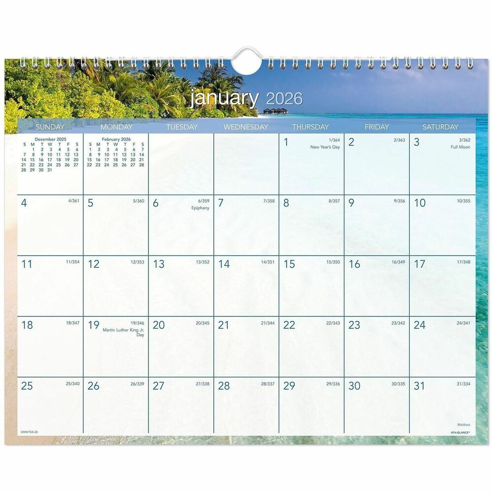 AAGDMWTE828 - Escape to the beach with this tropical wall planner. The photographic background includes warm sand, turquoise water and palm trees. Wall planner offers convenient monthly planning with a different beach photo each month. The photo is ghosted behind the calendar grid. Dated planning pages range 12 months from January to December. One-page-per-month format includes unruled daily blocks (2" x 1-3/4"), Sunday-through-Saturday scheduling, count of days/days remaining, holidays, and past and future months reference. Wall planner also features wire binding with a hanging loop and full chipboard back.