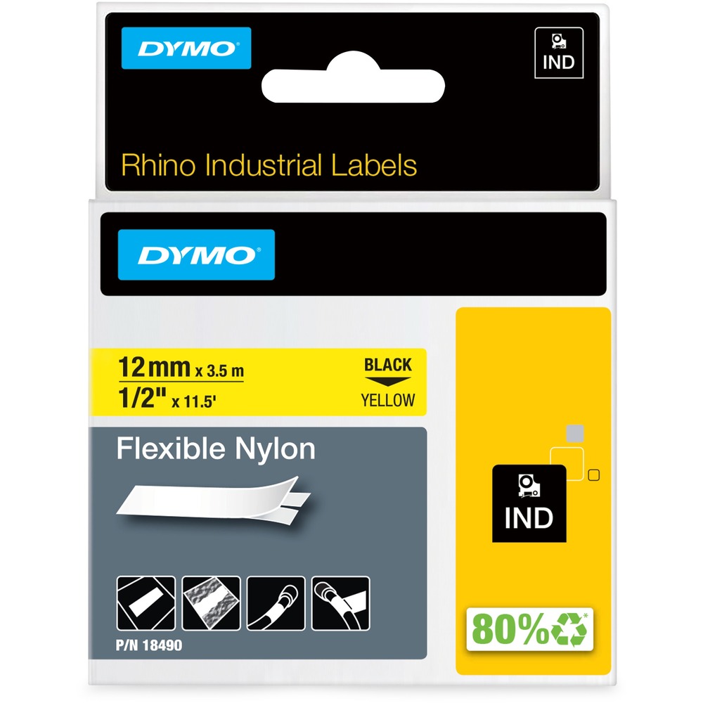 DYM18490 - Flexible nylon label tape conforms and sticks tightly to wires, cables, curved and textured surfaces. Industrial-strength adhesive resists moisture, extreme temperatures, UV light and more - so labels won't curl or fall off. Using thermal transfer printing technology means the label text won't smudge, smear or fade. Easy-to-peel, split-back design makes applying labels quick and easy. Labels are compatible with Dymo Rhino 4200, 5200, 6000 and LW450 Duo. More from the Manufacturer