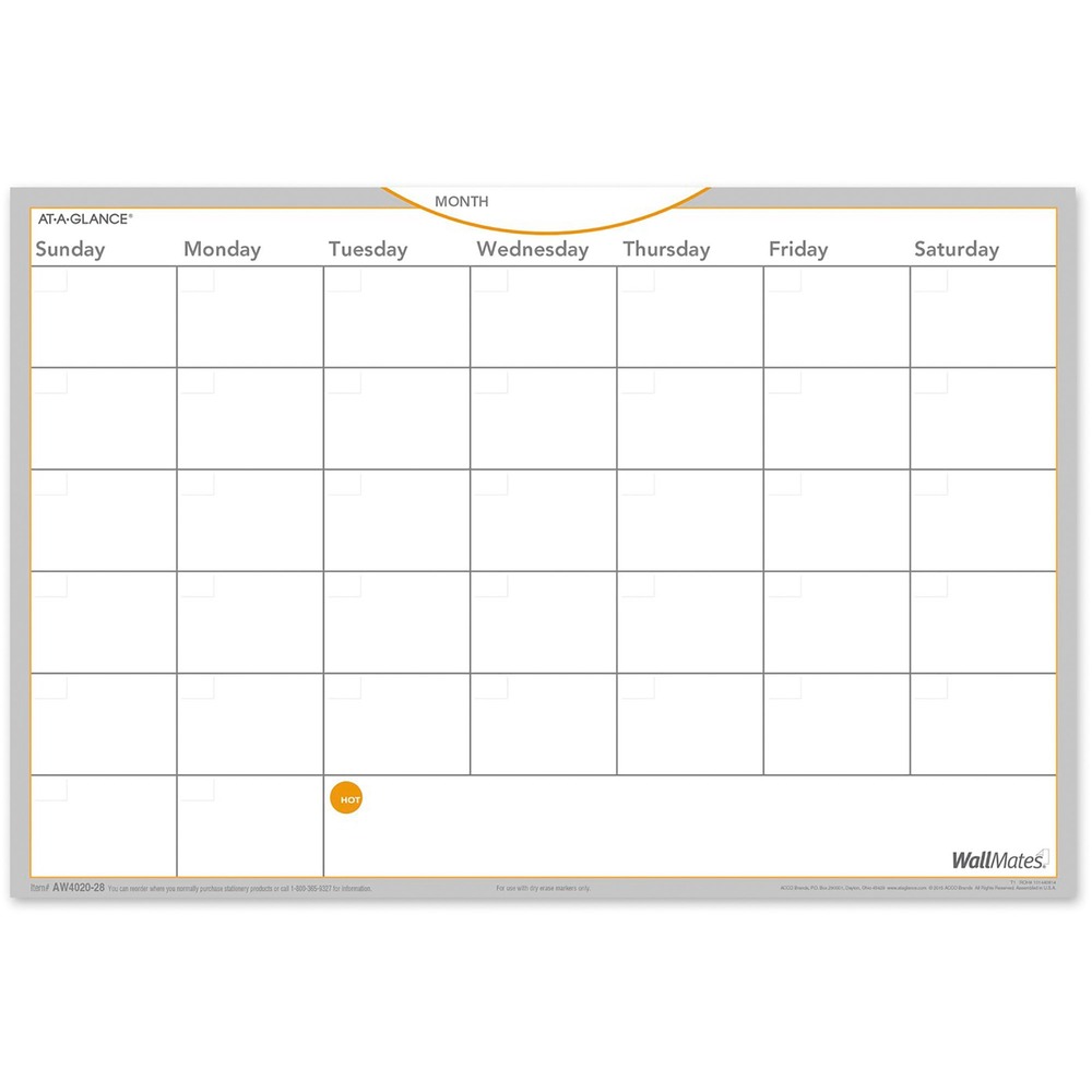 AAGAW402028 - Turn your office walls, doors and other spaces into a dry-erase planning and note-taking center - instantly. This dry-erase planning surface offers a one-month, undated grid and Hot Reminder Notes Area to customize your planning. Bright-white surface is printed in gray with orange accent for high visibility. The monthly format includes unruled daily blocks, Sunday-through-Saturday scheduling, an unruled area for notes along the bottom and a place at the top to write the name of the month. This erasable planning surface is easy to use and goes up in seconds. Simply peel and stick the self-adhesive backing on any hard flat surface. Setup requires no tools or hardware and causes no damage to wall surfaces. Remove with no adhesive residue and easily reposition. WallMates Dry-erase Monthly Planning Surface includes a self-adhesive, three-year reference calendar and dry-erase marker.