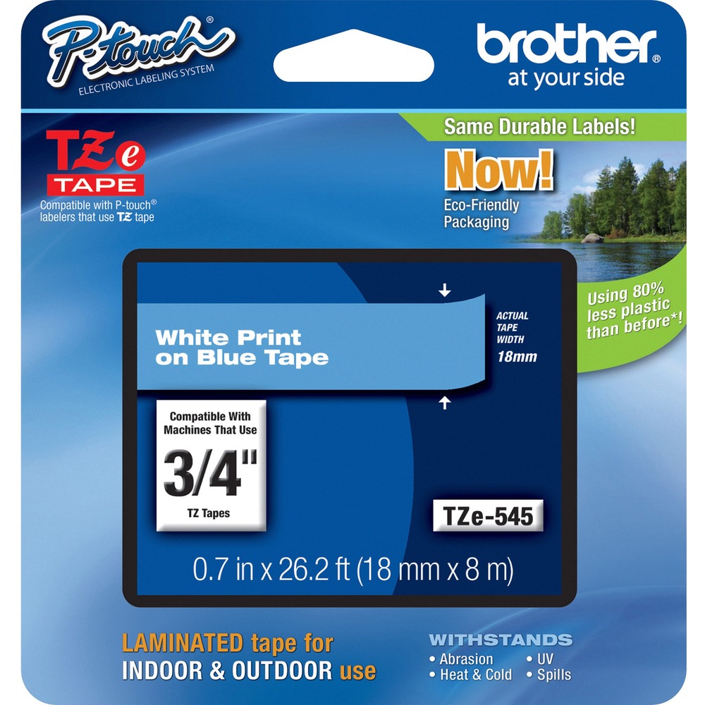 BRTTZE545 - Laminated tape features standard adhesive designed for flat surfaces like office paper, file folders and binders. Tape resists water, grease and grime. Use in hot and cold environments as well as outdoors (water-resistant). Tape is best suited for smooth, flat surfaces. Use with Brother PT-1300, PT-1400, PT-1500, PT-1500PC, PT-1600, PT-1650, PT-1700, PT-1750, PT-1800, PT-1810, PT-1830, PT-1830C, PT-1830SC, PT-1830VP, PT-1880, PT-1880C, PT-1880SC, PT-1880W, PT-18R, PT-18RKT, PT-1900, PT-1910, PT-1950, PT-1960, PT-2030, PT-2030AD, PT-2030VP, PT-2100, PT-2110, PT-2200, PT-2210, PT-2300, PT-2310, PT-2400, PT-2410, PT-2430PC, PT-2500PC, PT-2600, PT-2610, PT-2700, PT-2710, PT-2730, PT-2730VP, PT-300, PT-300B, PT-310, PT-310B, PT-320, PT-330, PT-350, PT-3600, PT-520, PT-530, PT-540, PT-550, PT-580C, PT-7500, PT-7600, PT-9200DX, PT-9200PC, PT-9400, PT-9500PC, PT-9600, PT-9700PC, PT-9800PCN, PT-E300, PT-E500, PT-E550W, PT-H300, PT-H300LI, PT-H500LI, PT-P700 and PT-P750W.