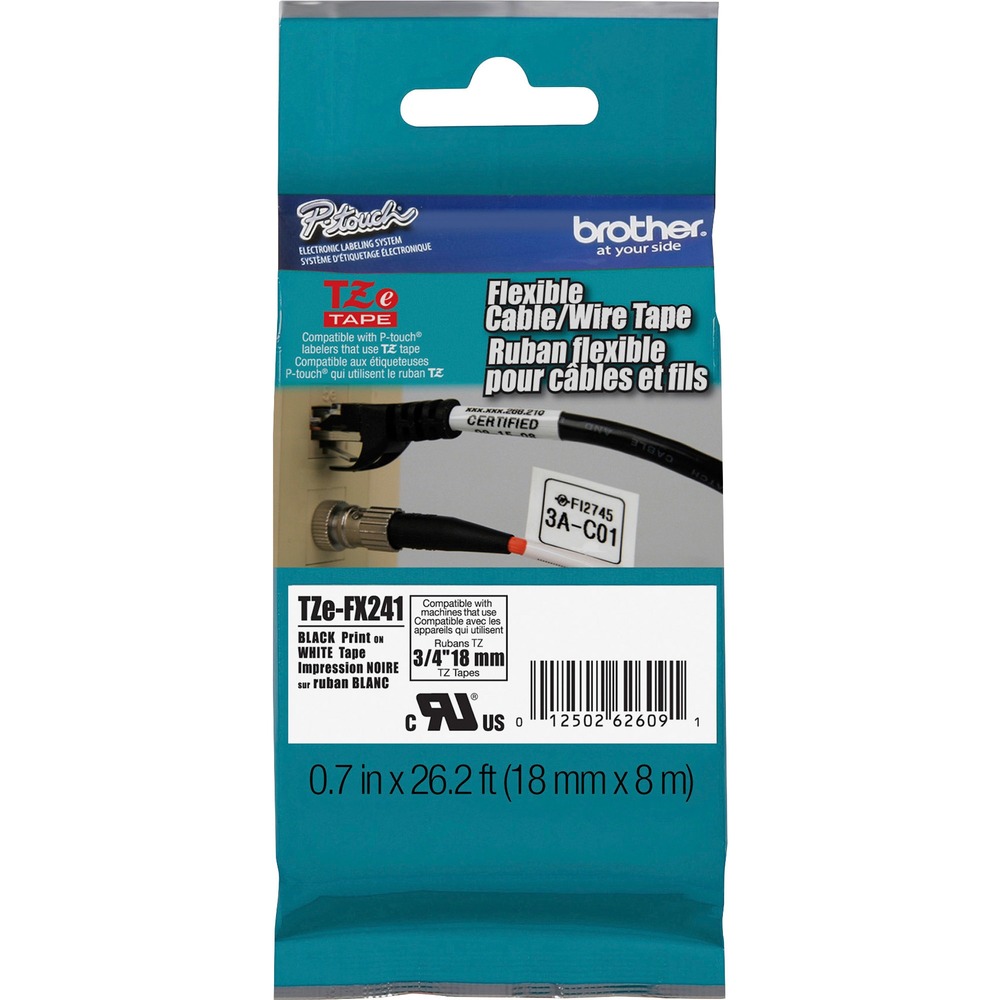 BRTTZEFX241 - Tape features Brother's exclusive laminated tape process and a specially formulated adhesive. The adhesive is designed to stick to itself as well as to laminate. Great for wrapping around an item, the tape is perfect for labeling cylindrical surfaces such as cables, PVC piping and more. It is best suited for wire wrapping and flagging. Tape is designed for Brother PT-1830, PT-1880, PT-2100, PT-2110, PT-2030, PT-2030AD, PT-2030VP, PT-D400, PT-D400AD, PT-D400VP, PT-D450, PT-H300, PT-H300LI, PT-2430PC, PT-2700, PT-2710, PT-2730, PT-2730VP, PT-D600, PT-D600VP, PT-H500LI, PT-P700, PT-P750W, PT-18R, PT-300, T-310, PT-320, PT-1300, PT-1700, PT-1750, PT-1800, PT-1810 and PT-1900. Print color is black. Background is white. Tape measures 18mm (7/10") wide x 8m (26-1/5') long.