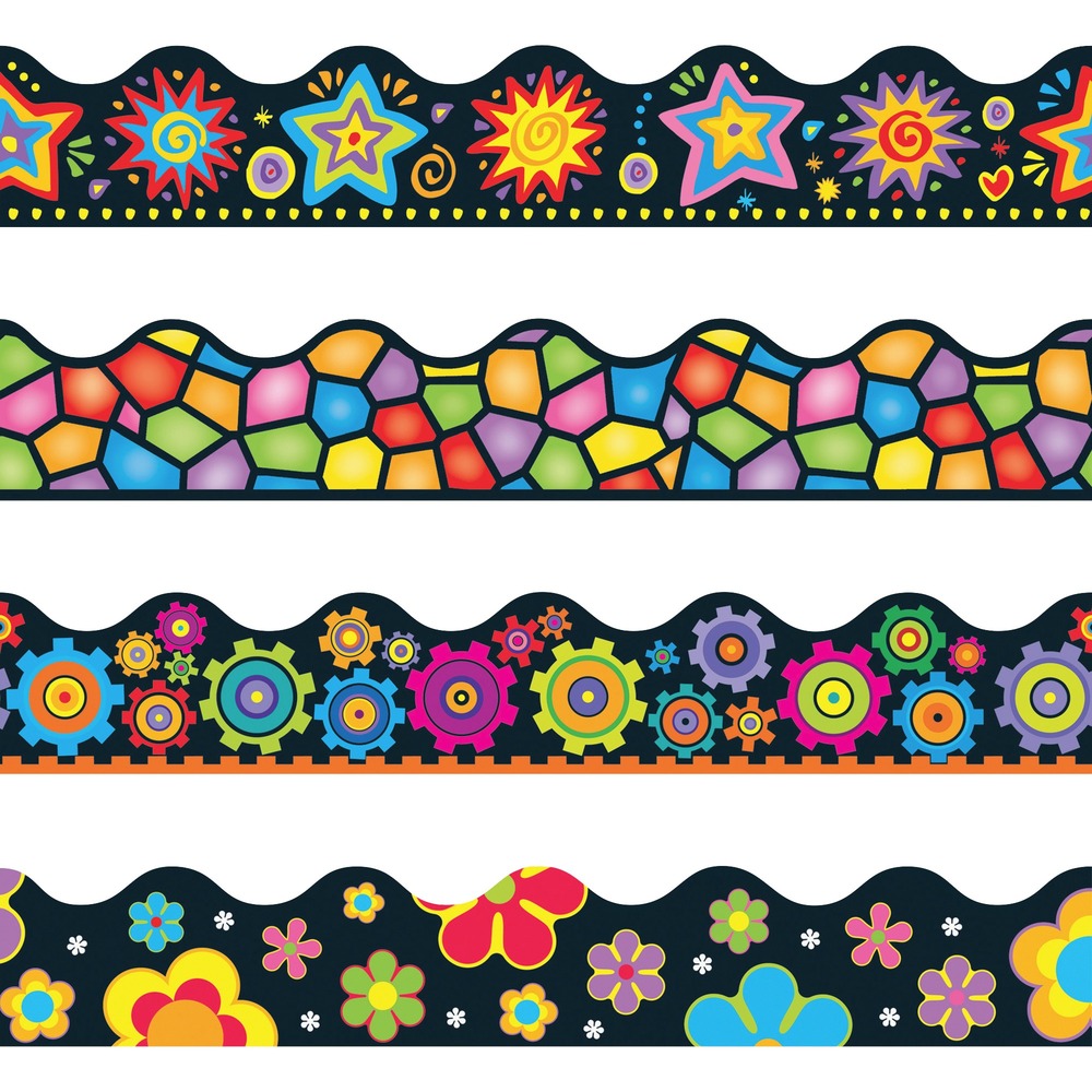 TEPT92919 - Layer patterns on solids, sparkles, or metallics; or use as-is to showcase student work in style, make funky crowns and bookmarks, and engage and delight. The perfect finishing touch for whiteboards, reward charts, calendars or any display. Durable and reusable. Variety Pack-Brights on Black (4 Designs). 156'.