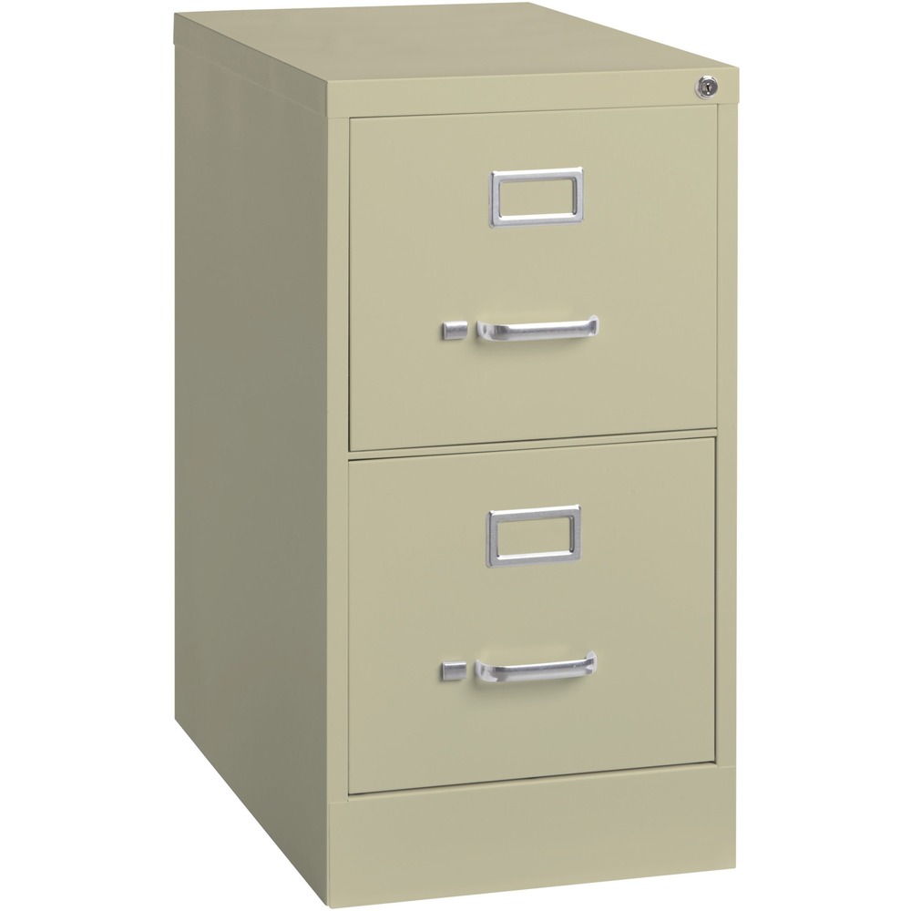 LLR42290 - Commercial-grade, two-drawer vertical file features superior, ball-bearing slide suspension. Steel ball bearings provide the ultimate in smooth and quiet drawer performance. Even when fully loaded, these file drawers open with ease. Factory-installed, core-removable lock allows optional one-key convenience for multiple files. High-sided drawers accept letter-size, hanging file folders. Adjustable wire followers keep files upright. Design also includes an aluminum label holder for easy referencing and convenient pull handle on each drawer. 22" deep Fortress Series Vertical File is made of heavy-gauge steel with recycled content. Nonporous surface is easy to clean and disinfect. More from the Manufacturer