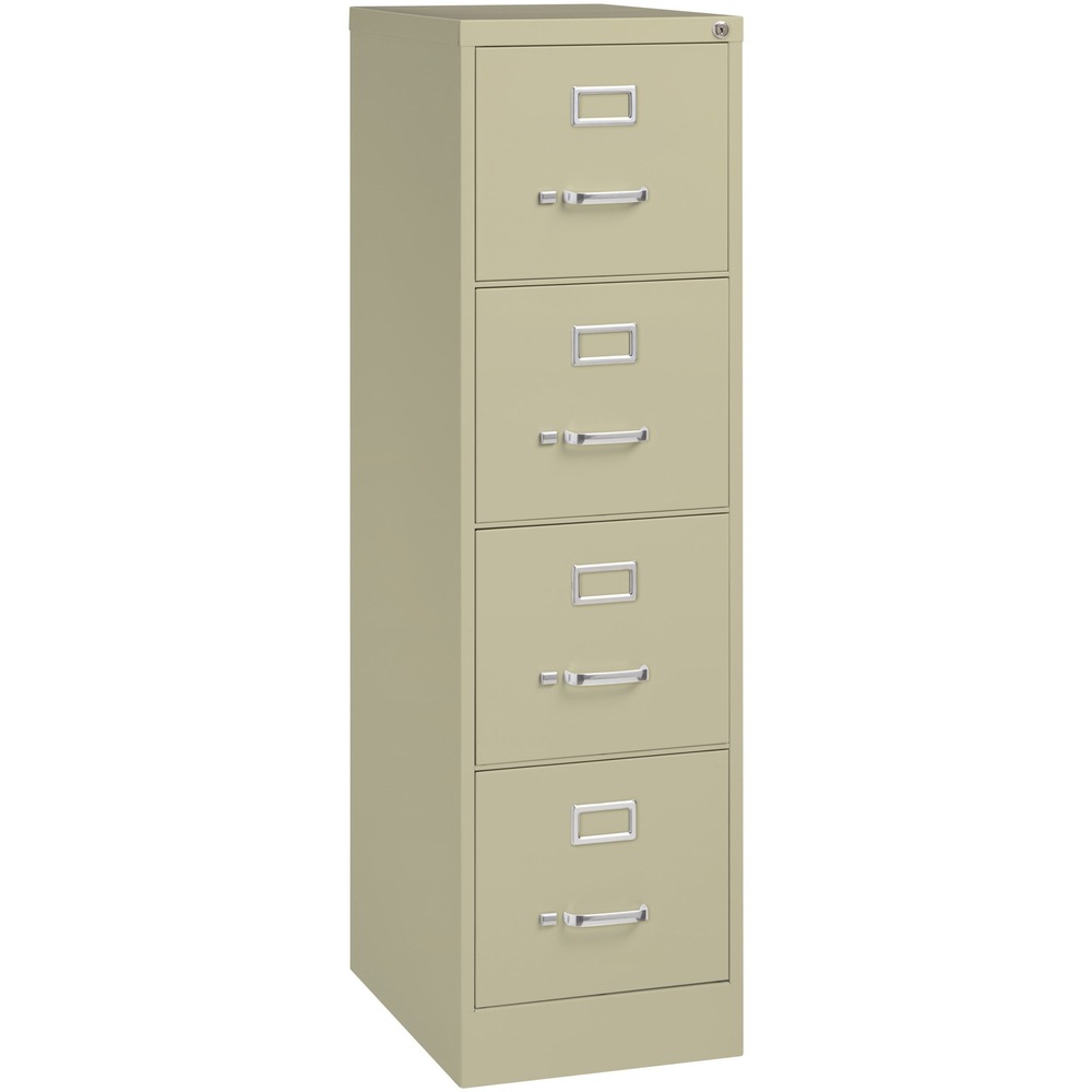 LLR42293 - Commercial-grade, four-drawer vertical file features superior, ball-bearing slide suspension. Steel ball bearings provide the ultimate in smooth and quiet drawer performance. Even when fully loaded, these file drawers open with ease. Factory-installed, core-removable lock allows optional one-key convenience for multiple files. High-sided drawers accept letter-size, hanging file folders. Adjustable wire followers keep files upright. Design also includes an aluminum label holder for easy referencing and convenient pull handle on each drawer. 22" deep Fortress Series Vertical File is made of heavy-gauge steel with recycled content. Nonporous surface is easy to clean and disinfect. More from the Manufacturer