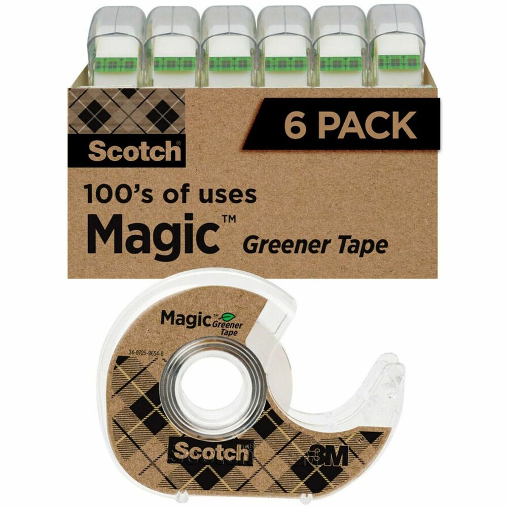 MMM6123 - Scotch Magic Greener Tape is an even more environmentally friendly version of the original matte finish, invisible tape containing recycled or plant-based material. It disappears on most papers so it's easy to scan and read documents. This versatile tape is ideal for permanent paper mending and many other uses. It pulls off the roll smoothly, cuts easily and resists splitting and tearing. It will not dry out or yellow. Write on it with pen, pencil or marker. Tape is also photo-safe (determined in accordance with ISO Standard 18916). Each roll of tape comes on a compact handheld dispenser that stores easily in a drawer. More from the Manufacturer
