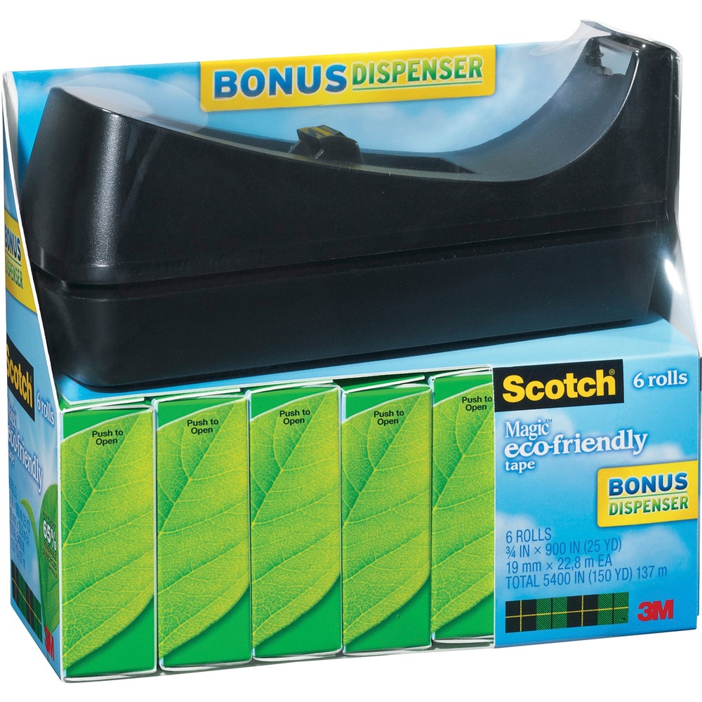 MMM8126PC38 - Scotch Magic Greener Tape Dispenser Value Pack includes six rolls of Magic Greener Tape and a desktop dispenser made from a high percentage of recycled plastic. The weighted, nonskid base allows convenient and efficient, one-handed dispensing and is designed to hold tapes up to 1,296" long. The tape is an even more environmentally friendly version of the original matte finish, invisible tape containing recycled or plant-based material. It disappears on most papers so it's easy to scan and read documents. This versatile tape is ideal for permanent paper mending and many other uses. It pulls off the roll smoothly, cuts easily and resists splitting and tearing. It will not dry out or yellow. Write on it with pen, pencil or marker. Tape is also photo-safe (determined in accordance with ISO Standard 18916). More from the Manufacturer