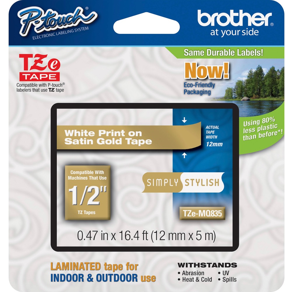 BRTTZEMQ835 - Tape features Brother's exclusive laminated tape process and standard adhesive. Perfect for everyday applications, these labels stay on under normal indoor and outdoor use, including hot and cold environments. It best suited for smooth flat surfaces. Tape is designed for Brother PT-2710, PT-2730, PT-2730VP, PT-D600, PT-D600VP, PT-H500LI, PT-P700, PT-P750W, PT-200, PT-1000, PT-1100, PT-1100SB, PT-1120, PT-1130, PT-1160, PT-1170S, PT-1180, PT-1190, PT-1200, PT-18R, PT-300, PT-310, PT-320, PT-1300, PT-1700, PT-1750, PT-1800, PT-1810, PT-1900, PT-1910, PT-1950, PT-1960, PT-330, PT-350, PT-520, PT-540, PT-580C, PT-1400, PT-1500PC and PT-1600. Print color is white. Background is satin gold. Tape measures 12mm (0.47") wide x 5m (16-2/5') long.