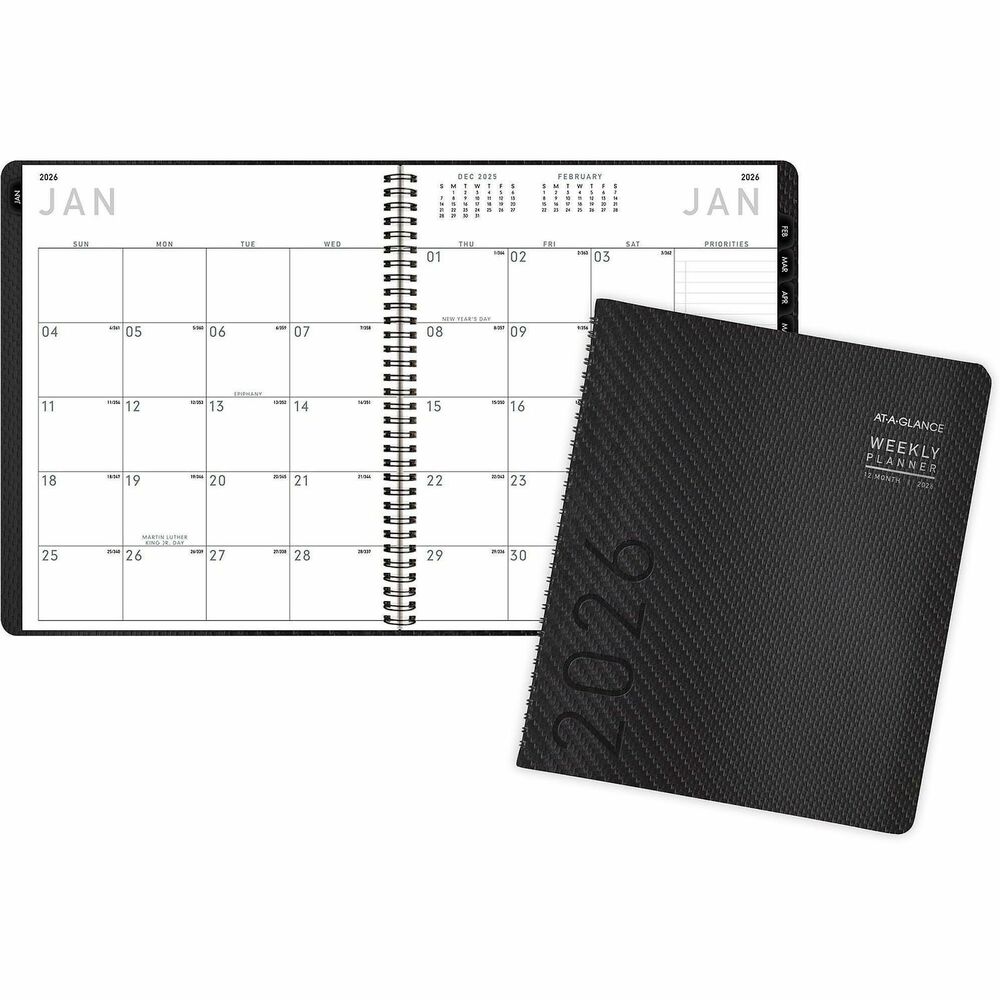 AAG70260X45 - Monthly planner features a unique graphite, textured cover with contemporary design for a modern-day look. Dated planning pages range 12 months from January to December. Tabbed two-page-per-month spreads feature unruled daily blocks, Sunday-through-Saturday scheduling, ruled column for priorities and notes, count of days/days remaining, federal holidays in red, and past and future months reference. Wirebound monthly planner is nonrefillable.