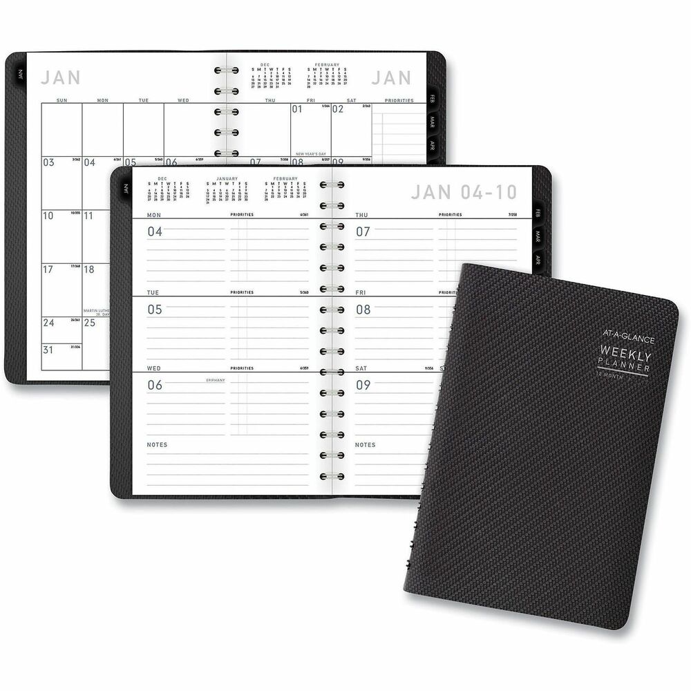 AAG70100X45 - Weekly/monthly planner features a unique textured cover with a contemporary design that gives this traditional planner a modern-day look. Dated planning pages range 12 months from January to December. Two-page-per-week spreads include ruled daily entries for open scheduling, Monday-through-Sunday scheduling, ruled notes area, count of days/days remaining, federal holidays in red, and past, current and future months reference at the top. Tabbed, two-page-per-month spreads have unruled daily blocks, Sunday-through-Saturday scheduling, ruled notes column, count of days/day remaining, federal holidays in red, and past and future months reference. Wirebound planner also has perforated corners for easy reference and a simulated leather cover. Planner is nonrefillable.
