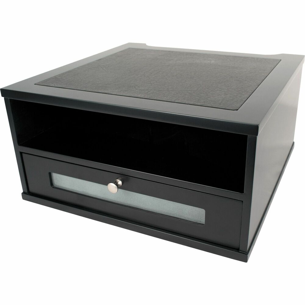 VCT11755 - Ideal for home or the office, this monitor riser is part of the Victor Midnight Black Collection that combines functional solutions with appealing design elements. The monitor riser provides an open shelf for papers, reports and books. The large drawer can be placed in either of the two locations, providing flexible storage for desk accessories. Rear access space helps manage cables and allows flush positioning against the wall. Sturdy, wood construction has a durable, double-coated, matte black finish. Brushed metal handle, faux-leather top and a frosted glass window add a touch of class. Nonslip rubber feet reduce movement and protect your worksurface from scratches and scuffs. Large design holds your monitor while providing storage for papers, notebooks and supplies. More from the Manufacturer