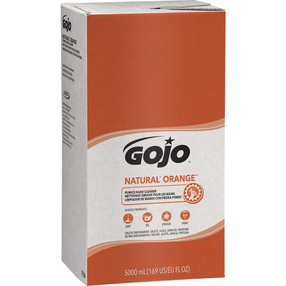 GOJ755602 - Natural Orange Pumice Hand Cleaner refill is designed for GOJO PRO TDX Dispensers. Quick-acting, lotion hand cleaner with pumice-scrubbing particles cleans without harsh solvents. It is effective on dirt, oil and grease. Sanitary Sealed refill helps prevent contamination. Each refill comes with a fresh dispensing valve. The 5000 ml. refill is made of recyclable plastic.