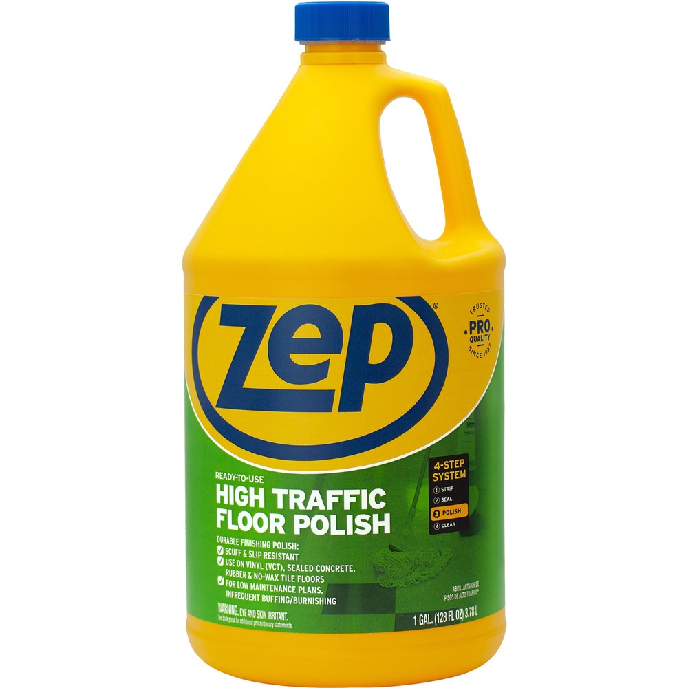 ZPEZUHTFF128 - Maintaining high-traffic floors is a challenge, even for professionals. High-Traffic Floor Polish is specially formulated to seal and protect vinyl and other hard surface floors. Simply apply with a string mop for a gloss finish that resists scuffs, heal marks and slipping. The low-VOC (less than 1 percent) product requires little maintenance and is intended for use on interior floors such as rubber, asphalt, vinyl and sealed concrete. Polish is step 3 of the Zep 4-step floor maintenance program.