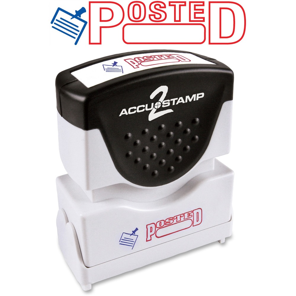 COS035521 - Accustamp 2 Shutter Stamp features a unique soft-touch grip for easy stamping. Textured grip on the ergonomically designed handle is made of rubber for your comfort. The frame is made of sturdy plastic. To protect your stamp, a unique dust cover automatically opens and closes while stamping. For easy identification of your two-color stamp, the frame also includes dual-title labeling that reads POSTED in red with a blue icon on the front and top. Shutter stamp makes thousands of impressions and is re-inkable for thousands more. The stamp makes an average of 20,000 impressions. Actual stamp impression is 1/2" x 1-5/8".