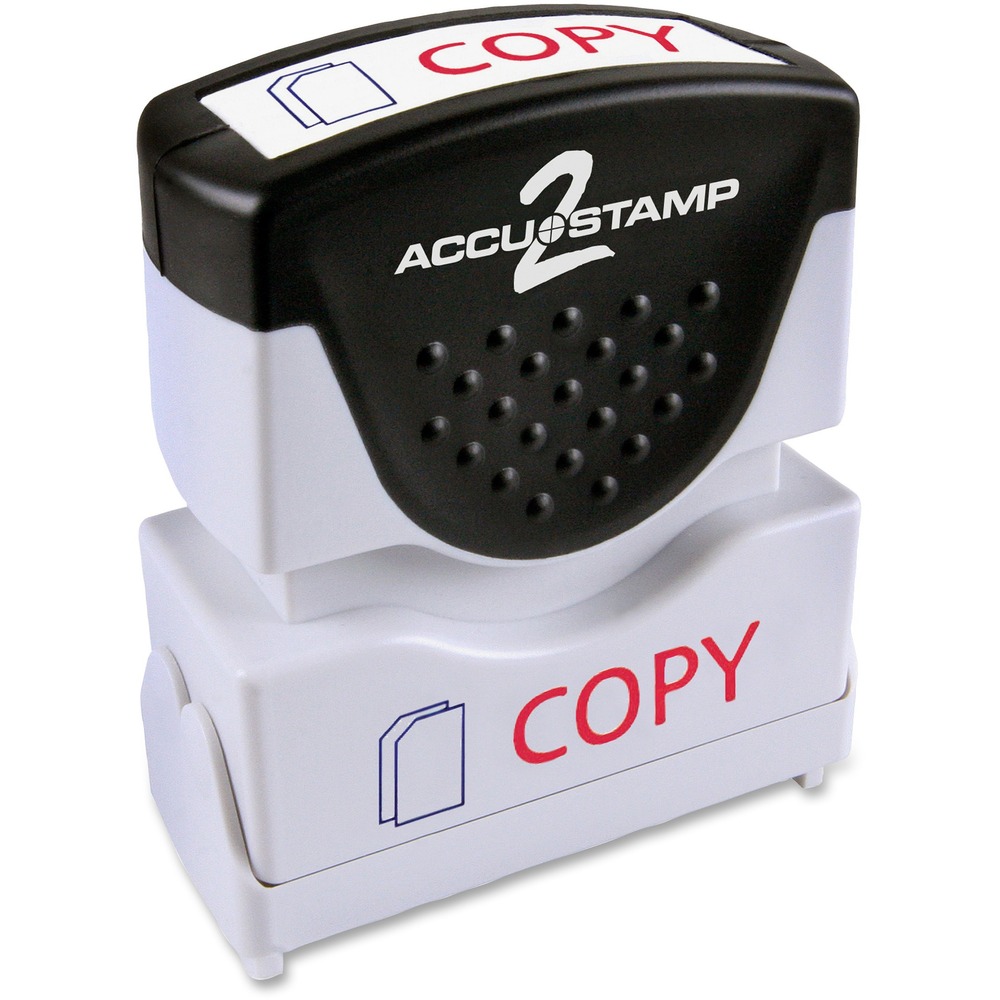 COS035532 - Accustamp 2 Shutter Stamp features a unique soft-touch grip for easy stamping. Textured grip on the ergonomically designed handle is made of rubber for your comfort. The frame is made of sturdy plastic. To protect your stamp, a unique dust cover automatically opens and closes while stamping. For easy identification of your two-color stamp, the frame also includes dual-title labeling that reads COPY in red with a blue icon on the front and top. Shutter stamp makes thousands of impressions and is re-inkable for thousands more. The stamp makes an average of 20,000 impressions. Actual stamp impression is 1/2" x 1-5/8".