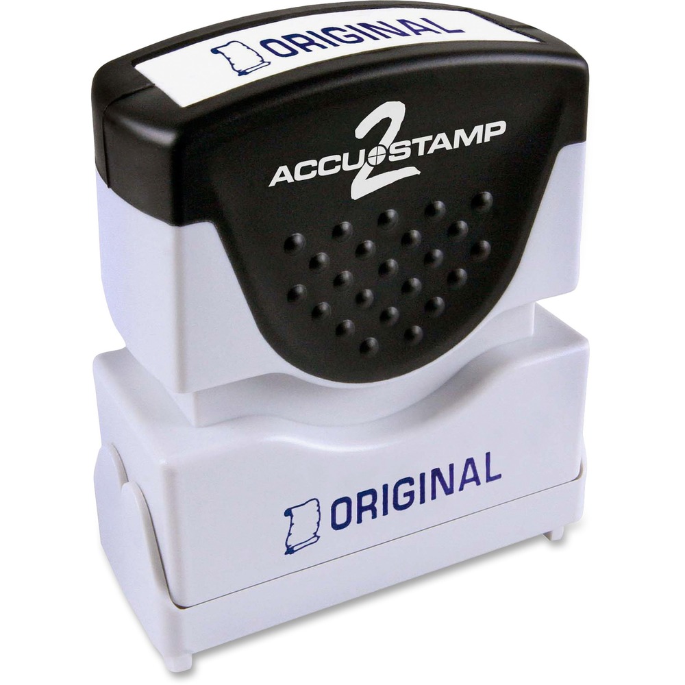 COS035572 - Accustamp 2 Shutter Stamp features a unique soft-touch grip for easy stamping. Textured grip on the ergonomically designed handle is made of rubber for your comfort. The frame is made of sturdy plastic. To protect your stamp, a unique dust cover automatically opens and closes while stamping. For easy identification of your one-color stamp, the frame also includes dual-title labeling that reads ORIGINAL with a blue icon on the front and top. Shutter stamp makes thousands of impressions and is re-inkable for thousands more. The stamp makes an average of 20,000 impressions. Actual stamp impression is 1/2" x 1-5/8".