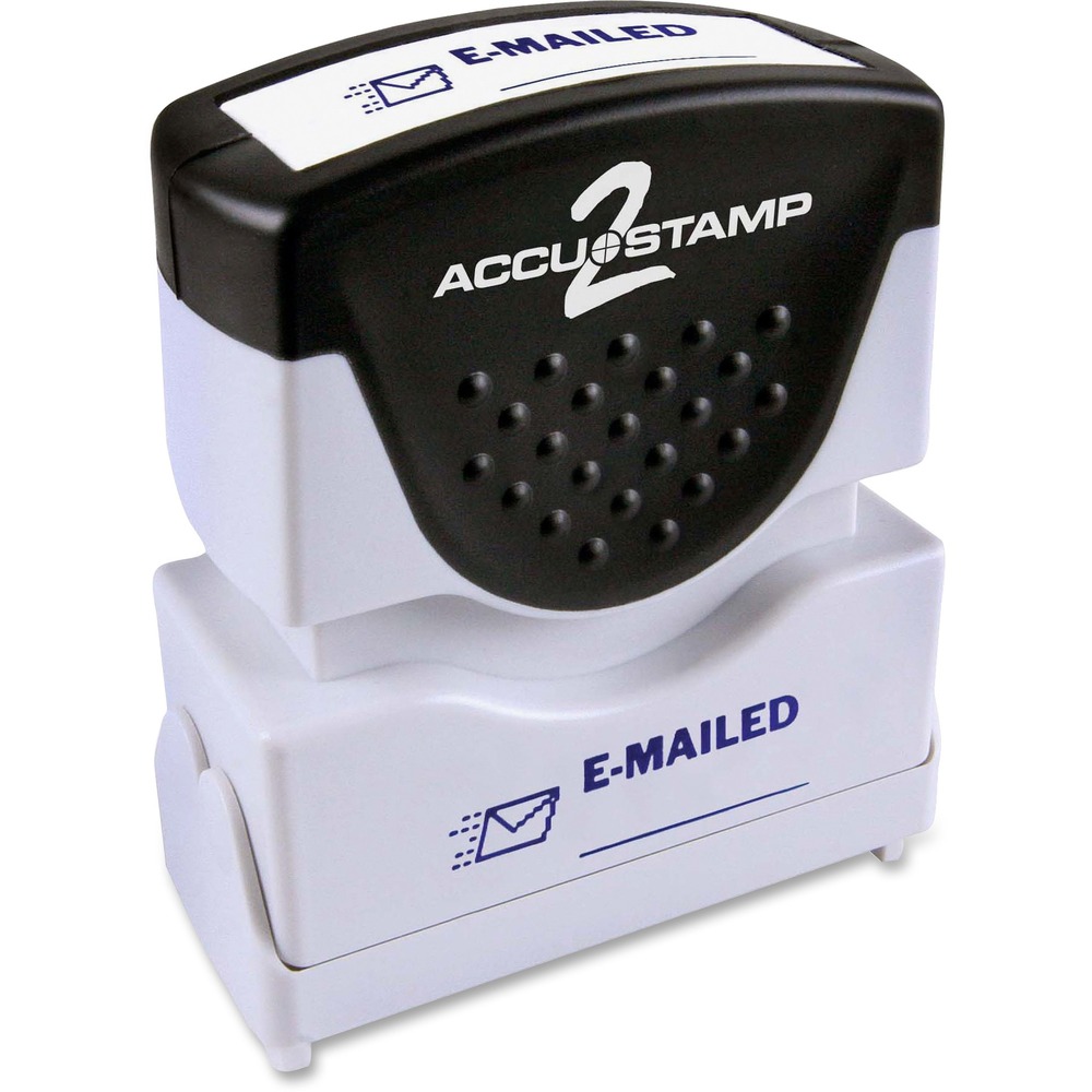 COS035577 - Accustamp 2 Shutter Stamp features a unique soft-touch grip for easy stamping. Textured grip on the ergonomically designed handle is made of rubber for your comfort. The frame is made of sturdy plastic. To protect your stamp, a unique dust cover automatically opens and closes while stamping. For easy identification of your one-color stamp, the frame also includes dual-title labeling that reads E-MAILED with a blue icon and blue line for the date on the front and top. Shutter stamp makes thousands of impressions and is re-inkable for thousands more. The stamp makes an average of 20,000 impressions. Actual stamp impression is 1/2" x 1-5/8".