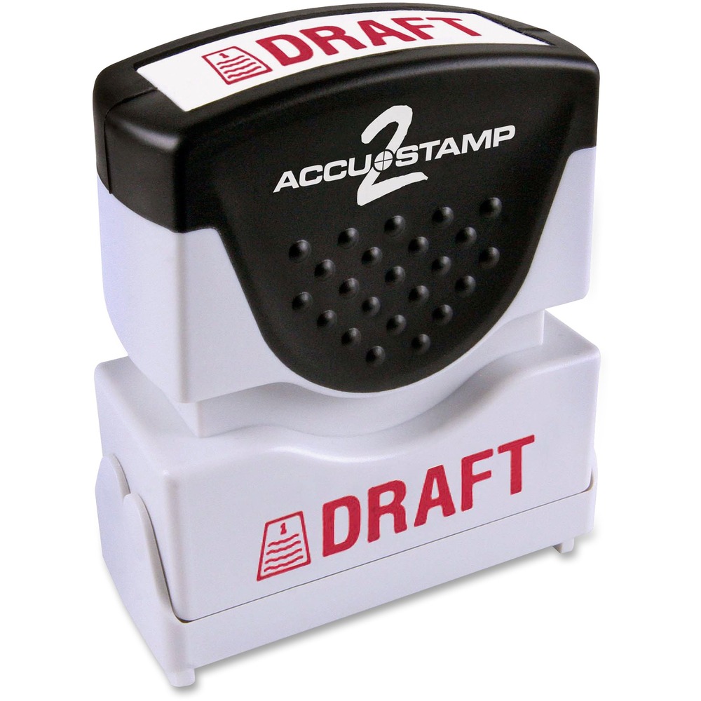 COS035585 - Accustamp 2 Shutter Stamp features a unique soft-touch grip for easy stamping. Textured grip on the ergonomically designed handle is made of rubber for your comfort. The frame is made of sturdy plastic. To protect your stamp, a unique dust cover automatically opens and closes while stamping. For easy identification of your one-color stamp, the frame also includes dual-title labeling that reads DRAFT with a red icon on the front and top. Shutter stamp makes thousands of impressions and is re-inkable for thousands more. The stamp makes an average of 20,000 impressions. Actual stamp impression is 1/2" x 1-5/8".