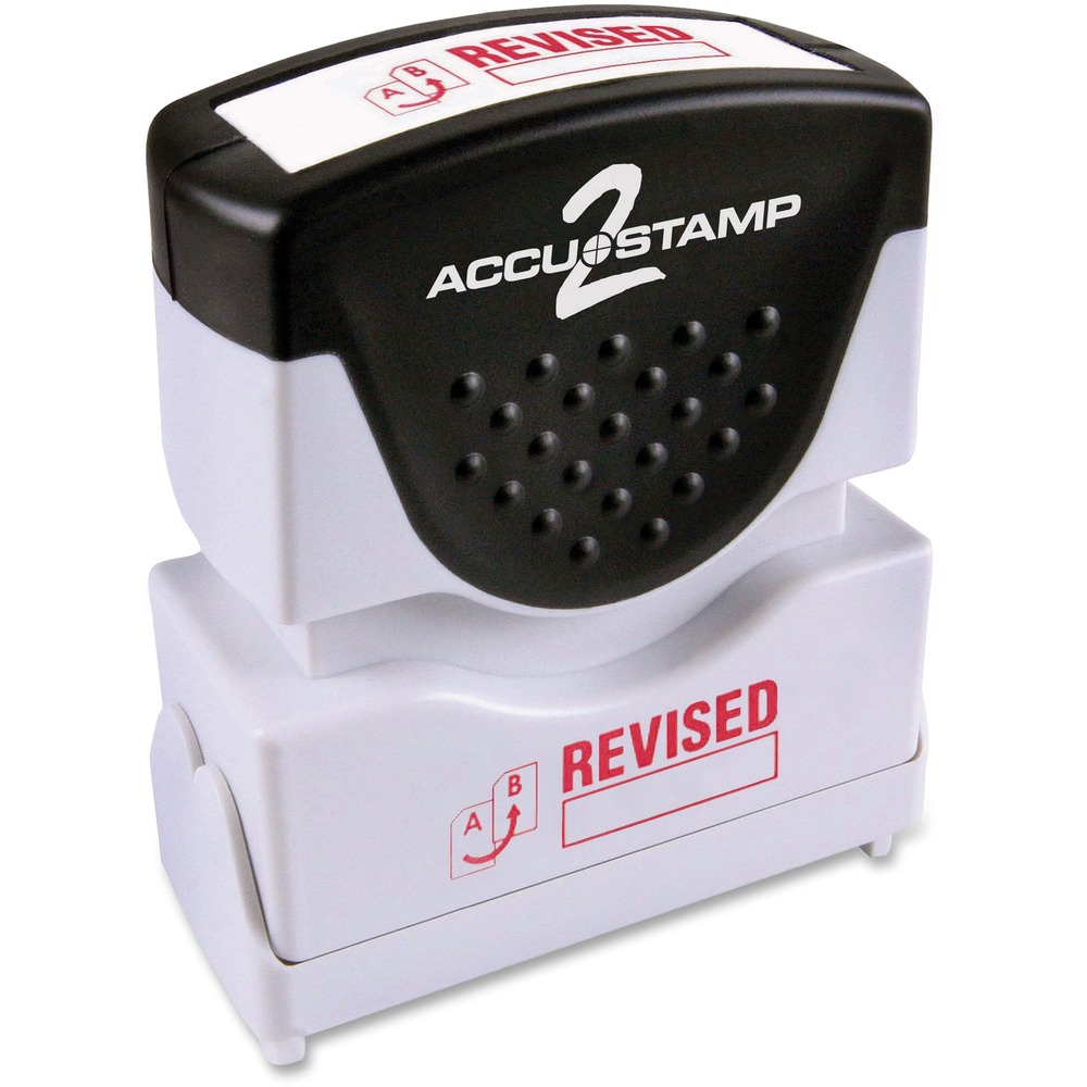 COS035587 - Accustamp 2 Shutter Stamp features a unique soft-touch grip for easy stamping. Textured grip on the ergonomically designed handle is made of rubber for your comfort. The frame is made of sturdy plastic. To protect your stamp, a unique dust cover automatically opens and closes while stamping. For easy identification of your one-color stamp, the frame also includes dual-title labeling that reads REVISED with a red icon and red box for the date on the front and top. Shutter stamp makes thousands of impressions and is re-inkable for thousands more. The stamp makes an average of 20,000 impressions. Actual stamp impression is 1/2" x 1-5/8".