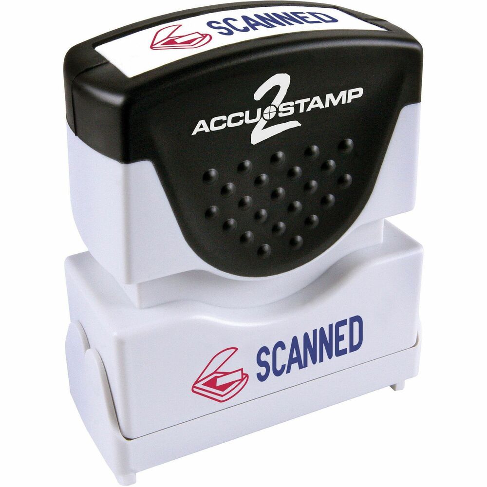 COS035606 - Accustamp 2 Shutter Stamp features a unique soft-touch grip for easy stamping. Textured grip on the ergonomically designed handle is made of rubber for your comfort. The frame is made of sturdy plastic. To protect your stamp, a unique dust cover automatically opens and closes while stamping. For easy identification of your two-color stamp, the frame also includes dual-title labeling that reads SCANNED in blue with a red icon on the front and top. Shutter stamp makes thousands of impressions and is re-inkable for thousands more. The stamp makes an average of 20,000 impressions. Actual stamp impression is 1/2" x 1-5/8".