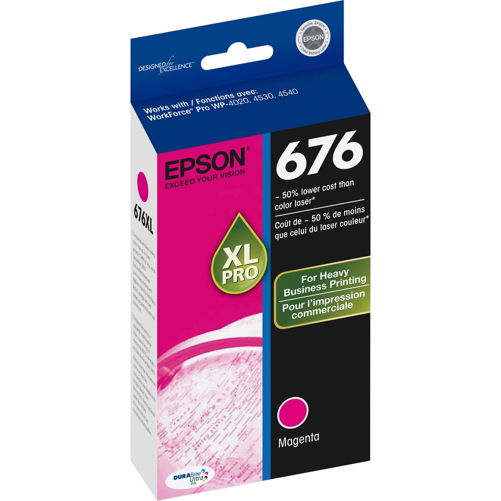 EPST676XL320S - Designed with heavy business printing in mind, this extra-large, easy-to-install ink cartridge offers up to 50 percent lower cost per page than color laser printers. Instant dry ink enables fast duplex printing and great productivity. Epson's revolutionary, DURABrite Ultra Ink produces smudge-resistant, fade-resistant and water-resistant prints that look brilliant on both plain and glossy photo paper. Ink cartridge is designed for use with Epson WorkForce Pro WP-4520, WP-4533, WP-4590 Network Multifunction Printers; WorkForce Pro WP-4530, WP-4540 All-in-One Printers; WorkForce Pro WP-4020; and WorkForce Pro WP-4010, WP-4023 and WP-4090 Network Printers. Cartridge yields approximately 1,200 pages.