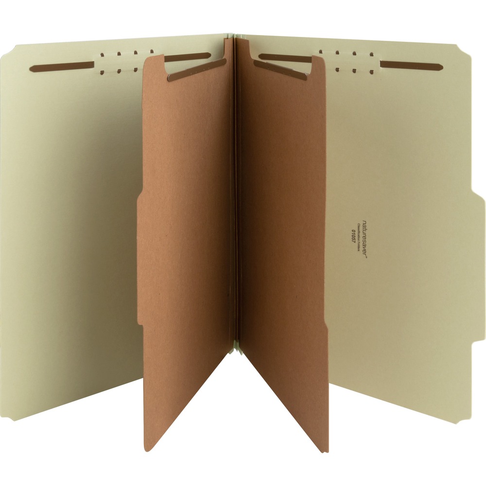 NAT01057 - Eco-friendly, pressboard classification folders are durable and made for subdividing large, bulky files. 2/5-cut tabs make sections easy to find. Fasteners keep papers secure and in order. 25 point, gray/green stock covers are equipped with 2" capacity, K-style fasteners. Two 20 point, fiberboard brown dividers have 1" capacity fasteners. Sturdy gusset expands the capacity up to 2". Folders contain a high percentage of recycled material.