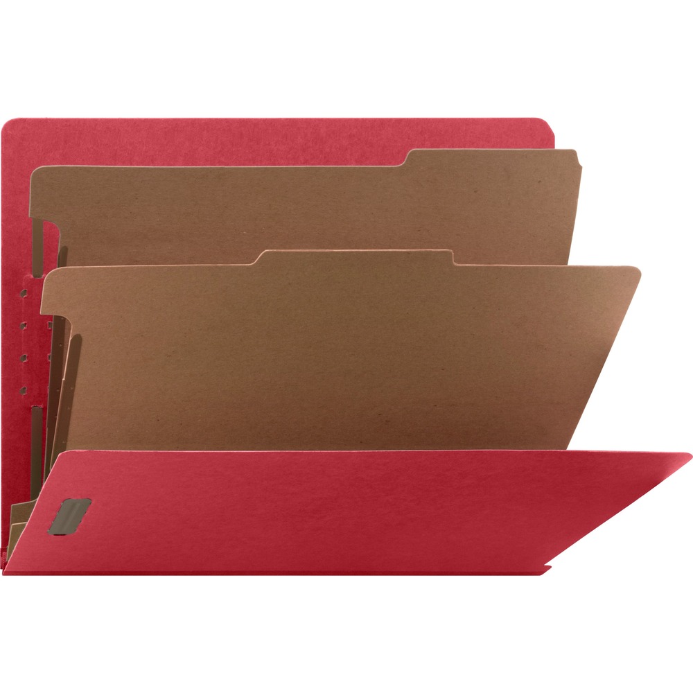 NATSP17372 - Classification folders with end tabs are ideal for the environmentally conscious office. Each folder is made with a high percentage of recycled content. 20 point, fiberboard, brown dividers with tabs and fasteners on both sides let you store information under several subdivisions. Fasteners on the front and back panels add two filing surfaces. 25 point covers offer bright colors to prevent misfiles. Folders easily accommodate letter-size documents with a 2" expansion.