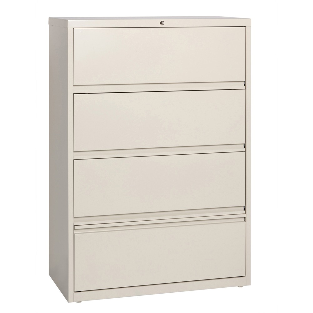 LLR43510 - Receding lateral file with roll-out shelves offers a total of four drawers with heavy-duty, three-piece, ball-bearing slide suspension for smooth drawer movement. All drawers above the bottom one have receding fronts and roll-out shelves for easy access to your files. Bottom drawer has a fixed front. Included hangrails accommodate side-to-side filing of letter, legal or A4-size folders. Dual lock bars secure both ends of drawers. Interlock system prohibits the extension of more than one drawer at a time. 36" wide lateral file also features a core-removable lock; full-width designer drawer pulls; four adjustable leveling guides for stabilization and reinforced double-base construction. Lateral file does not include dividers. File meets/exceeds applicable ANSI/BIFMA standards. More from the Manufacturer