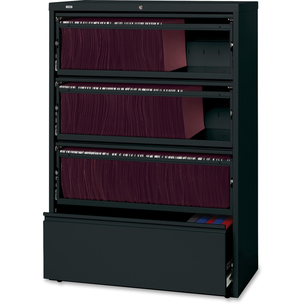 LLR43511 - Receding lateral file with roll-out shelves offers a total of four drawers with heavy-duty, three-piece, ball-bearing slide suspension for smooth drawer movement. All drawers above the bottom one have receding fronts and roll-out shelves for easy access to your files. Bottom drawer has a fixed front. Included hangrails accommodate side-to-side filing of letter, legal or A4-size folders. Dual lock bars secure both ends of drawers. Interlock system prohibits the extension of more than one drawer at a time. 36" wide lateral file also features a core-removable lock; full-width designer drawer pulls; four adjustable leveling guides for stabilization and reinforced double-base construction. Lateral file does not include dividers. File meets/exceeds applicable ANSI/BIFMA standards. More from the Manufacturer