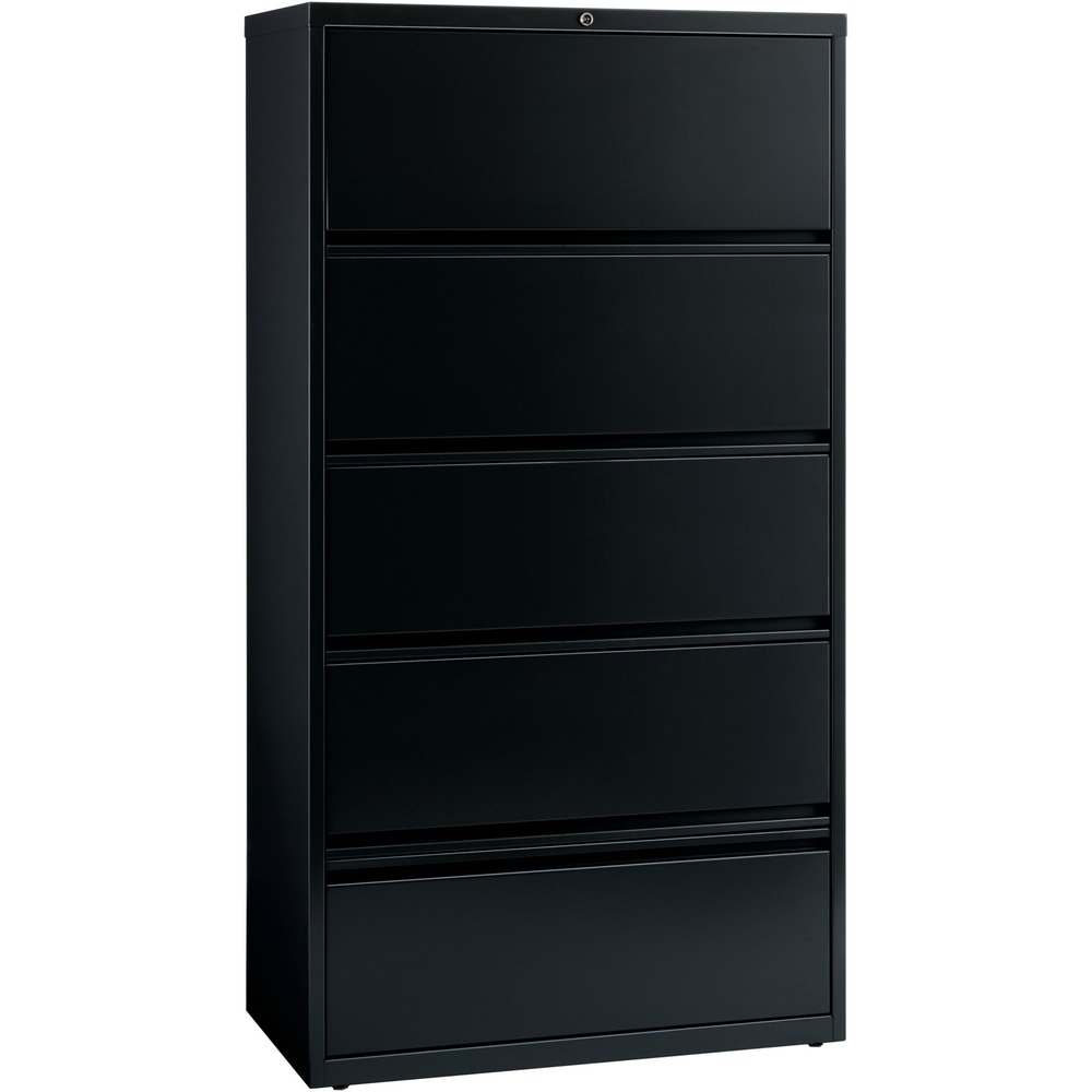 LLR43513 - Receding lateral file with roll-out shelves offers a total of five drawers with heavy-duty, three-piece, ball-bearing slide suspension for smooth drawer movement. All drawers above the bottom one have receding fronts and roll-out shelves for easy access to your files. Bottom drawer has a fixed front. The top two shelves feature roll-out binder storage. Included hangrails accommodate side-to-side filing of letter, legal or A4-size folders. Dual lock bars secure both ends of drawers. Interlock system prohibits the extension of more than one drawer at a time. 36" wide lateral file also features a core-removable lock; full-width designer drawer pulls; four adjustable leveling guides for stabilization and reinforced double-base construction. Lateral file does not include dividers. File meets/exceeds applicable ANSI/BIFMA standards. More from the Manufacturer