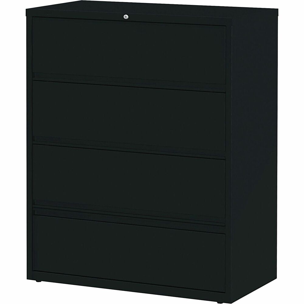 LLR43515 - Receding lateral file with roll-out shelves offers a total of four drawers with heavy-duty, three-piece, ball-bearing slide suspension for smooth drawer movement. All drawers above the bottom one have receding fronts and roll-out shelves for easy access to your files. Bottom drawer has a fixed front. Included hangrails accommodate side-to-side filing of letter, legal or A4-size folders. Dual lock bars secure both ends of drawers. Interlock system prohibits the extension of more than one drawer at a time. 42" wide lateral file also features a core-removable lock; full-width designer drawer pulls; four adjustable leveling guides for stabilization and reinforced double-base construction. Lateral file does not include dividers. File meets/exceeds applicable ANSI/BIFMA standards. More from the Manufacturer