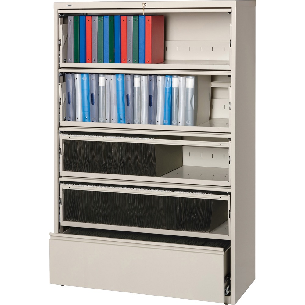 LLR43516 - Receding lateral file with roll-out shelves offers a total of five drawers with heavy-duty, three-piece, ball-bearing slide suspension for smooth drawer movement. All drawers above the bottom one have receding fronts and roll-out shelves for easy access to your files. Bottom drawer has a fixed front. The top two shelves feature roll-out binder storage. Included hangrails accommodate side-to-side filing of letter, legal or A4-size folders. Dual lock bars secure both ends of drawers. Interlock system prohibits the extension of more than one drawer at a time. 42" wide lateral file also features a core-removable lock; full-width designer drawer pulls; four adjustable leveling guides for stabilization and reinforced double-base construction. Lateral file does not include dividers. File meets/exceeds applicable ANSI/BIFMA standards. More from the Manufacturer