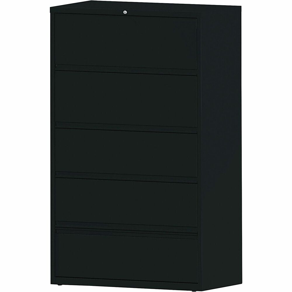 LLR43517 - Receding lateral file with roll-out shelves offers a total of five drawers with heavy-duty, three-piece, ball-bearing slide suspension for smooth drawer movement. All drawers above the bottom one have receding fronts and roll-out shelves for easy access to your files. Bottom drawer has a fixed front. The top two shelves feature roll-out binder storage. Included hangrails accommodate side-to-side filing of letter, legal or A4-size folders. Dual lock bars secure both ends of drawers. Interlock system prohibits the extension of more than one drawer at a time. 42" wide lateral file also features a core-removable lock; full-width designer drawer pulls; four adjustable leveling guides for stabilization and reinforced double-base construction. Lateral file does not include dividers. File meets/exceeds applicable ANSI/BIFMA standards. More from the Manufacturer