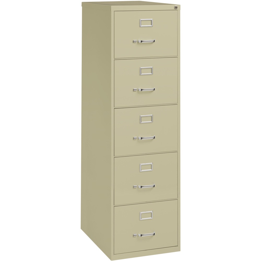 LLR48500 - Commercial-grade vertical file features five high-sided drawers that accommodate legal-size, hanging file folders without additional accessories. Slide suspension allows maximum drawer extension. Steel ball bearings provide smooth, quiet drawer performance. Even fully loaded, these drawers open with ease. Adjustable wire followers keep files upright. 26-1/2" deep vertical file also features a core-removable lock for security, aluminum label holders for easy referencing, convenient pull handles and heavy-gauge steel construction with recycled content. Vertical file meets or exceeds ANSI/BIFMA industry standards. More from the Manufacturer