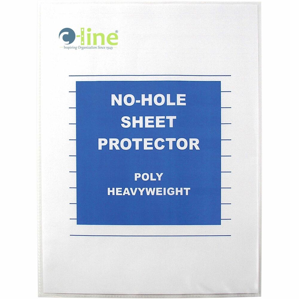 CLI62907 - No-Hole Sheet Protectors offer the durability of traditional heavyweight sheet protectors, but without the three-hole punched binding strip. Use by themselves, to post signs, protect frequently used materials, or subdivide files and folders. Acid-free, archival-quality polypropylene means no photocopy transfer. Sheet protectors are designed to hold letter-size documents.