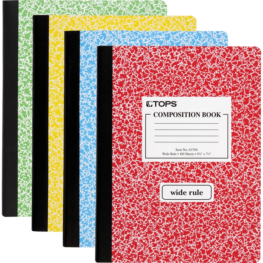TOP63794 - Composition book contains 100 sheets that are center sewn for a permanent record. The precision ruling is printed in blue and red ink. Each white sheet includes blue wide ruling and a red margin line on the left side. Rigid front and back cover offers a marble design. The front title area includes four lines on a white background for you to write identifying information. Composition book is bound on the left side and comes in assorted colors: green, purple, red and blue. The color will be randomly picked.