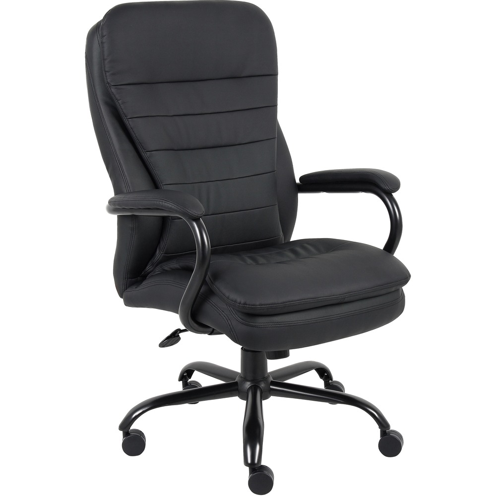 LLR62624 - Executive swivel chair features double-plush cushions on the extra-wide seat and back and leather upholstery for a professional look and your comfort. Durable construction with reinforced leather offers an enhanced weight capacity of 350 lb. Loop arms are upholstered in leather. Arm height measures from 27-4/5" to 30-3/5" depending on chair height adjustment. Functions of this high-back chair include a one-paddle, spring tilt mechanism and pneumatic gas lift, seat-height adjustment from 19-7/10" to 22-2/5". Five-star, 27" metal base offers 3" double-wheel casters for easy chair movement. Seat size is 22-1/5" wide x 18-1/10" deep.