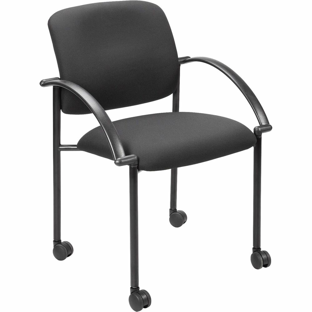 LLR65965 - Stackable guest chair with arms and casters allow quick configuration of seating. Fully upholstered backs and seats are cushioned for comfort. Chairs stack four high and offer 1-1/2" hooded dual-wheel casters for easy mobility. Sturdy steel frame has a black powder-coat finish and a 275 lb. capacity. Seat measures 17-1/2" wide x 17" deep. Back dimensions are 18" wide x 13-3/4" high. Guest chair meets or exceeds applicable ANSI/BIFMA standards.