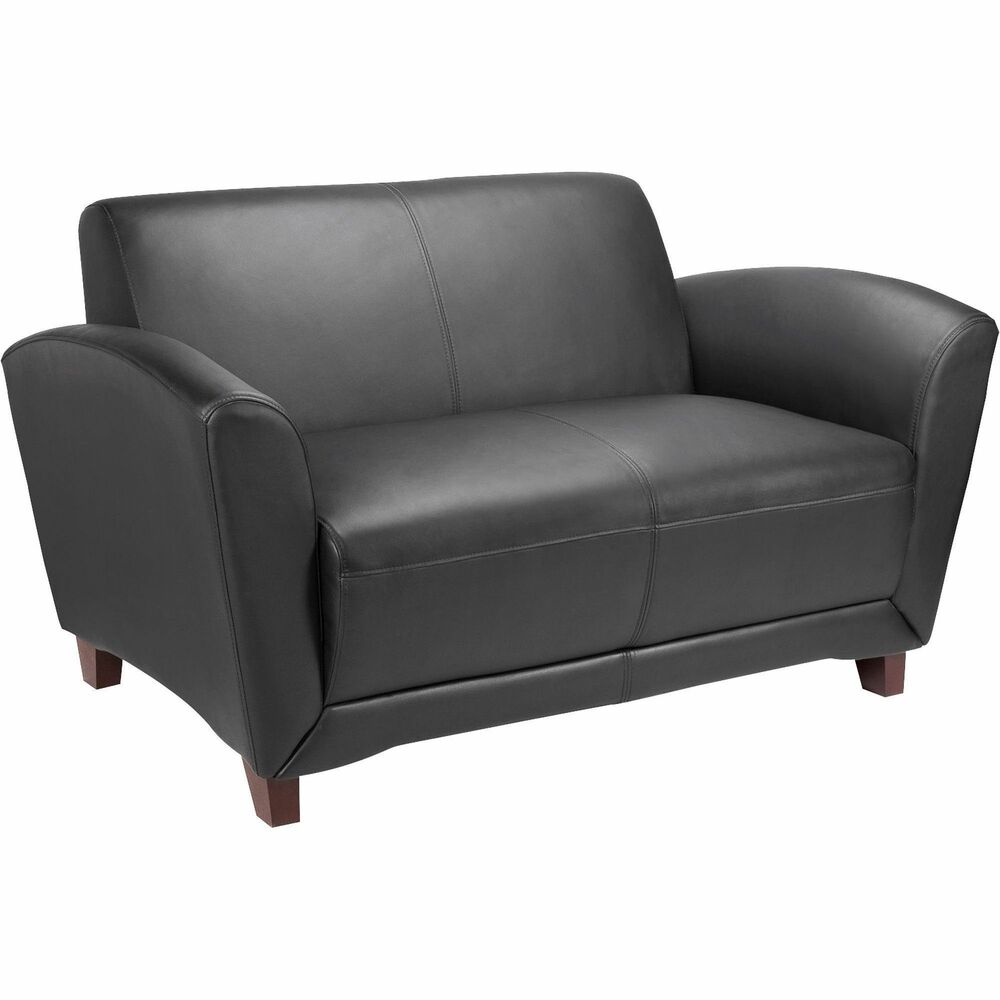 LLR68951 - Loveseat is part of the modern, Lorell Accession Collection that is made with an open, inviting design and bonded black leather. Back meets the seat at a slightly obtuse angle for a relaxing experience while waiting. Raised sides provide comfortable armrests. Thick foam cushions are CA117 fire-retardant. Four sturdy, wooden legs with a Mahogany finish support the loveseat built for two. Overall weight capacity is 450 lb. with a 225 lb. capacity for each seat.