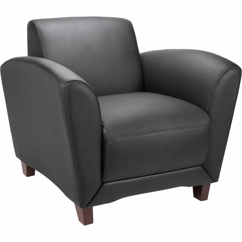 LLR68952 - Chair is part of the modern, Lorell Accession Collection that is made with an open, inviting design and bonded black leather. Back meets the seat at a slightly obtuse angle for a relaxing experience while waiting. Raised sides provide comfortable armrests. Thick foam cushions are CA117 fire-retardant. Four sturdy, wooden legs with a Mahogany finish support the chair. Weight capacity is 250 lb.