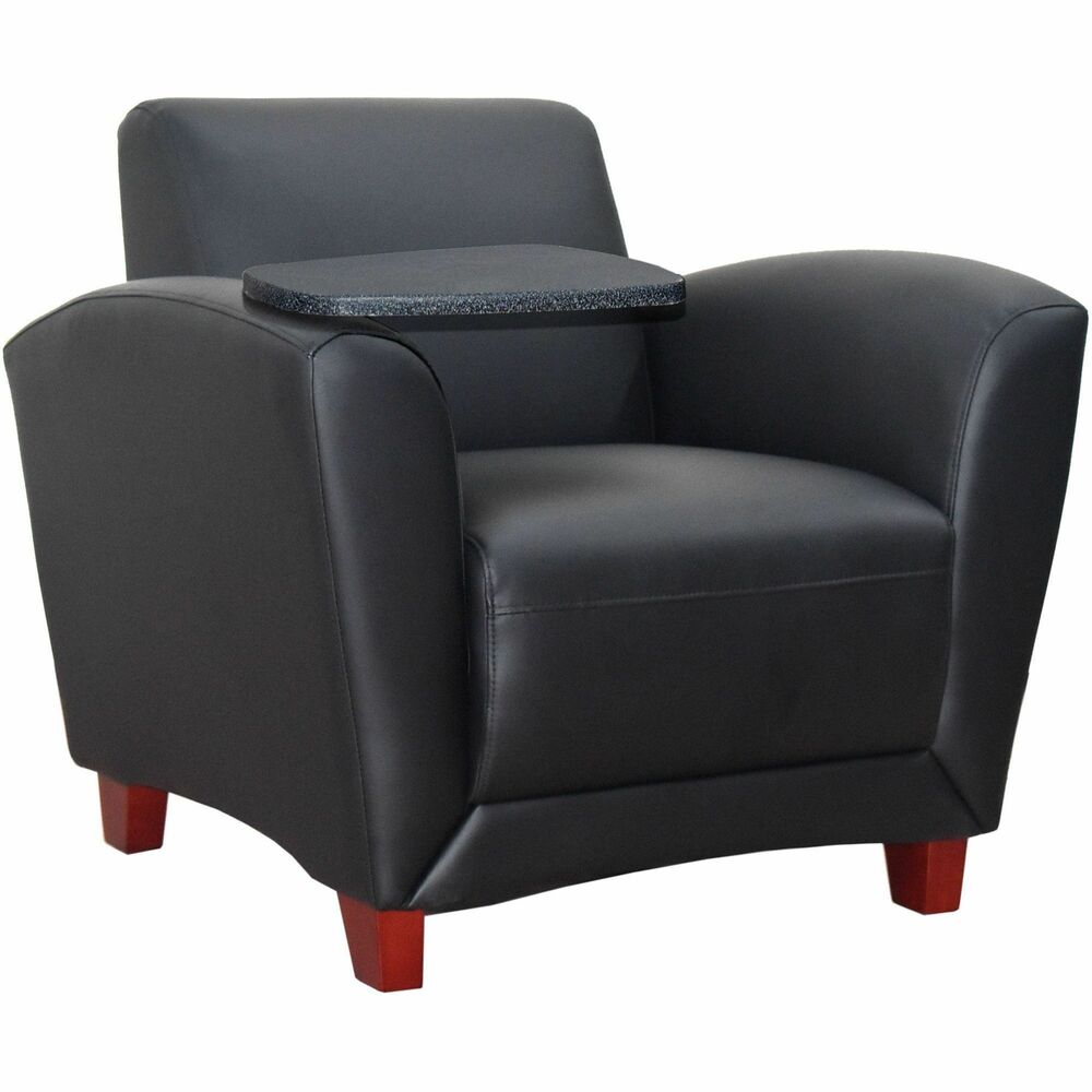 LLR68953 - Chair with a convenient writing tablet is part of the Lorell Reception Seating Collection that is made with an open, inviting modern design and bonded black leather. Mounted on the right arm, the tablet swings out for a versatile worksurface. Back meets the seat at a slight obtuse angle for a relaxing wait. Sides rise for armrests. Comfortable, thick foam cushions are CA117 fire-retardant. Four sturdy, wooden legs with a Mahogany finish support the chair. Weight capacity is 250 lb.
