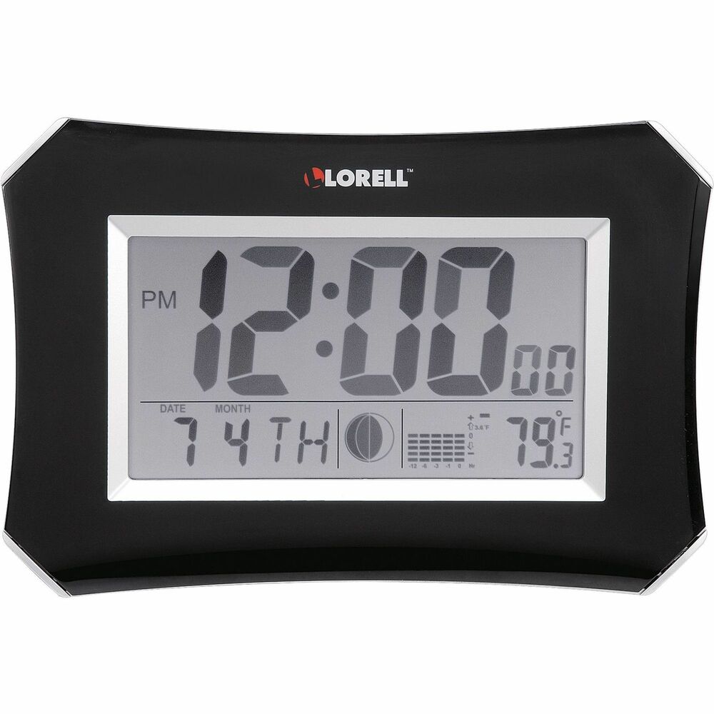 LLR60998 - Large LCD wall clock shows more than just the time. The alarm clock also features a temperature display in your choice of Fahrenheit or Celsius, a bar chart to show the temperature history for the last 12 hours, the moon phase, and week of the year. The alarm function works weekdays and weekends and offers a snooze feature. Silver casing is made of ABS casing for durability. The face is printed with black numerals. The hour and minute hands are also black. Lens is made of plastic.