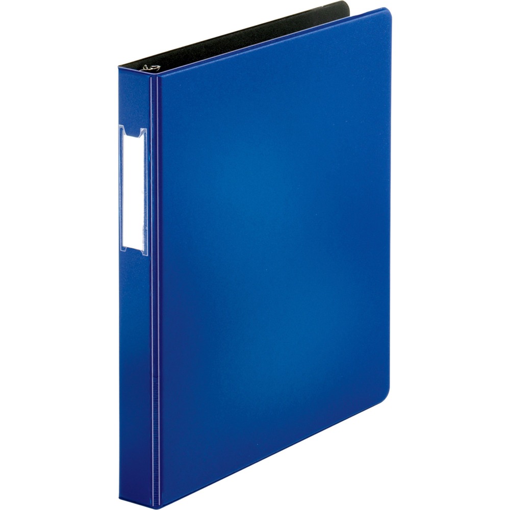 BSN33107 - Slant-D ring binder is designed for maximum sheet capacity. Rings are mounted on the back cover for lay-flat visibility and long-lasting durability. No-gap D-Rings stay tightly closed without gaps and hold 25 percent more paper than the same-size round rings. 1" capacity holds up to 240 letter-size sheets. Nonglare CleanView cover and pocket material resist toner transfer so ink from printed papers won't stick or mark binder, leaving a clean impression over time. Three-ring binder also offers exposed rivets and two clear interior pockets for additional document storage and double opening/closing boosters. Label holder on spine allows easy identification. Binder is made of polypropylene covering sturdy chipboard for durability.