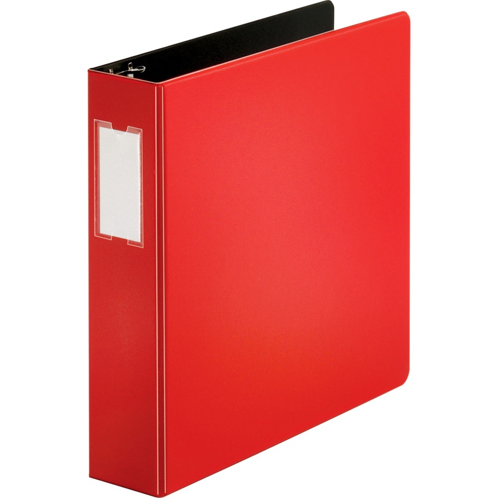 BSN33112 - Slant-D ring binder is designed for maximum sheet capacity. Rings are mounted on the back cover for lay-flat visibility and long-lasting durability. No-gap D-Rings stay tightly closed without gaps and hold 25 percent more paper than the same-size round rings. 2" capacity holds up to 540 sheets. Nonglare CleanView cover and pocket material resist toner transfer so ink from printed papers won't stick or mark binder, leaving a clean impression over time. Three-ring binder also offers exposed rivets and two clear interior pockets for additional document storage and double opening/closing boosters. Label holder on spine allows easy identification. Binder is made of polypropylene covering sturdy chipboard for durability.